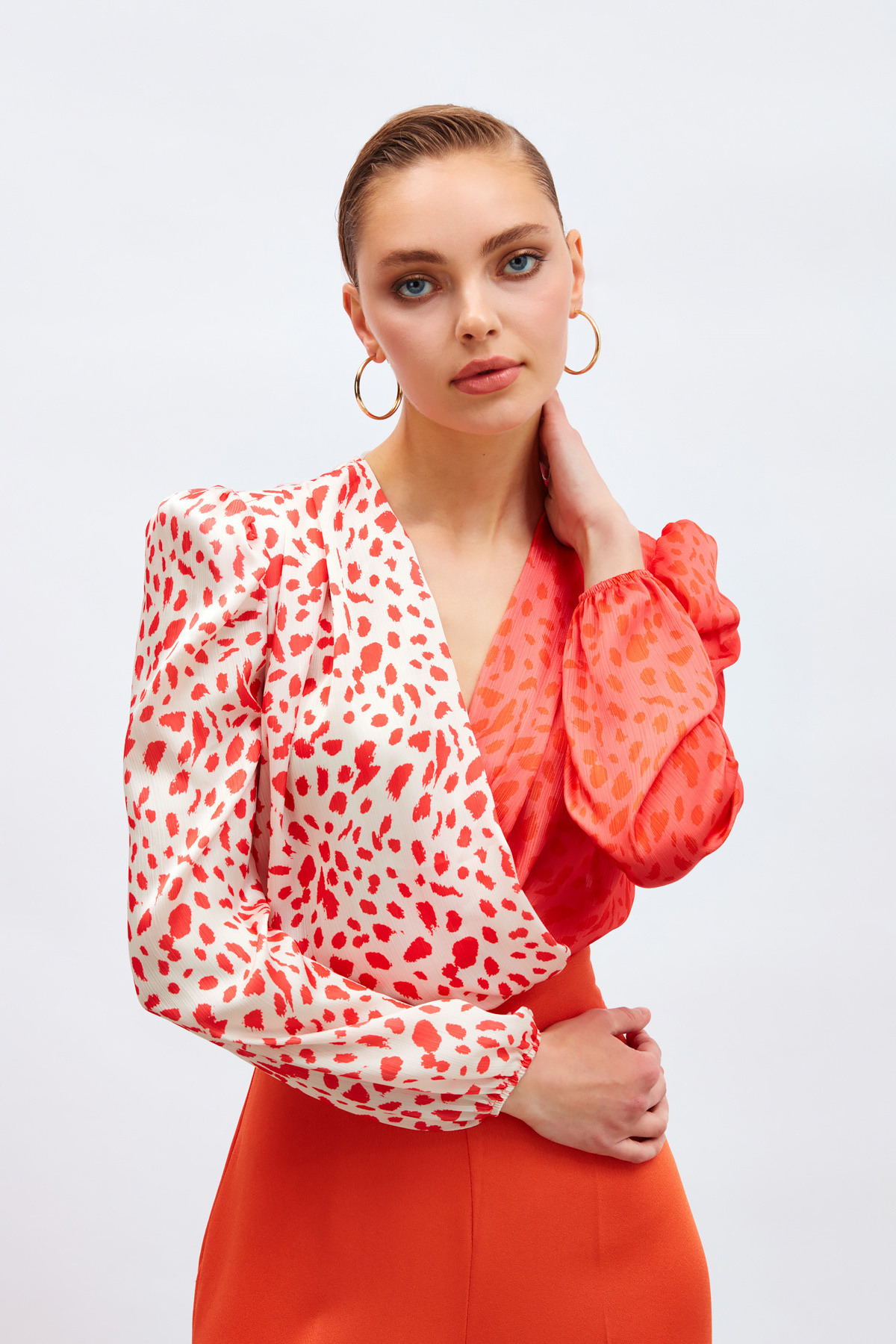 Kruvaze Desenli Bodysuit - MERCAN-KIRMIZI