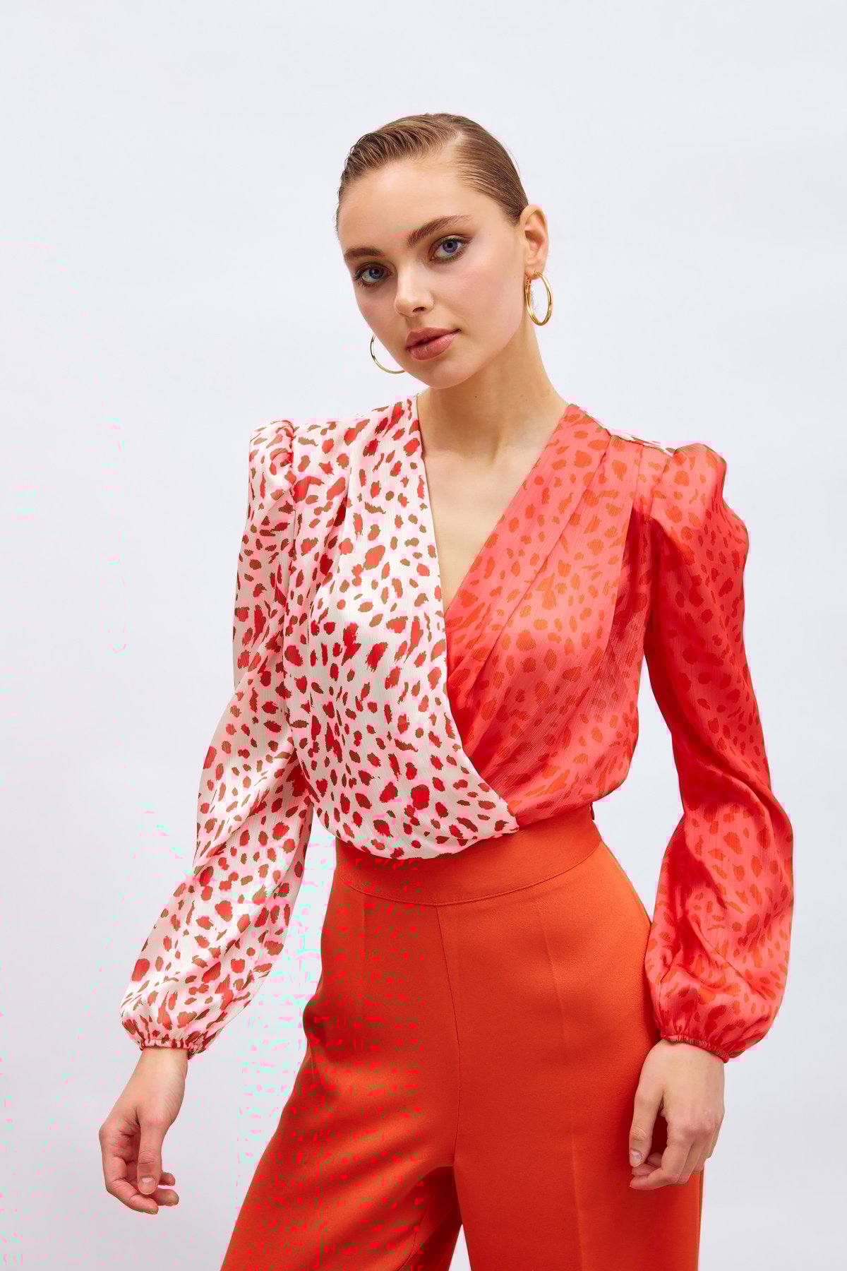 Kruvaze Desenli Bodysuit - MERCAN-KIRMIZI