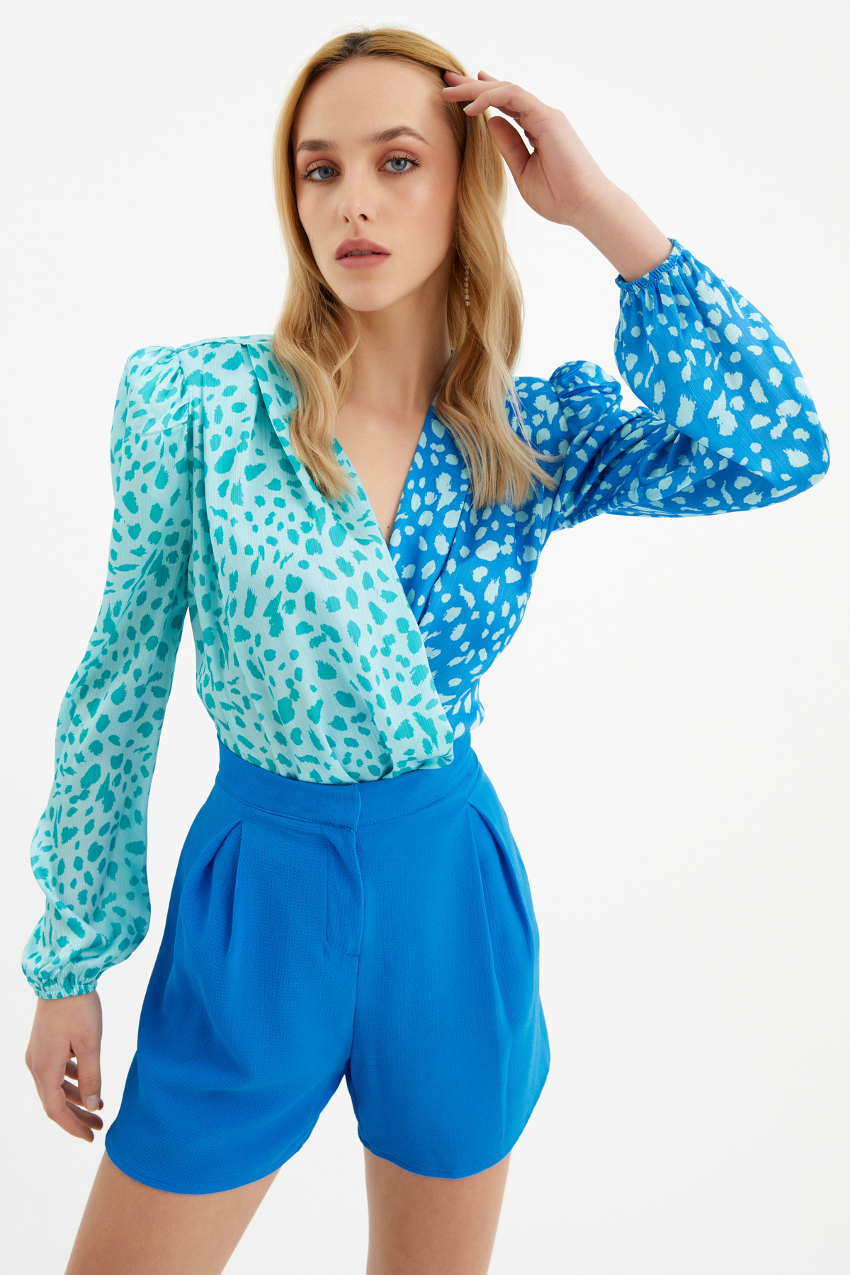 Kruvaze desenli bodysuit - MİNT-MAVİ