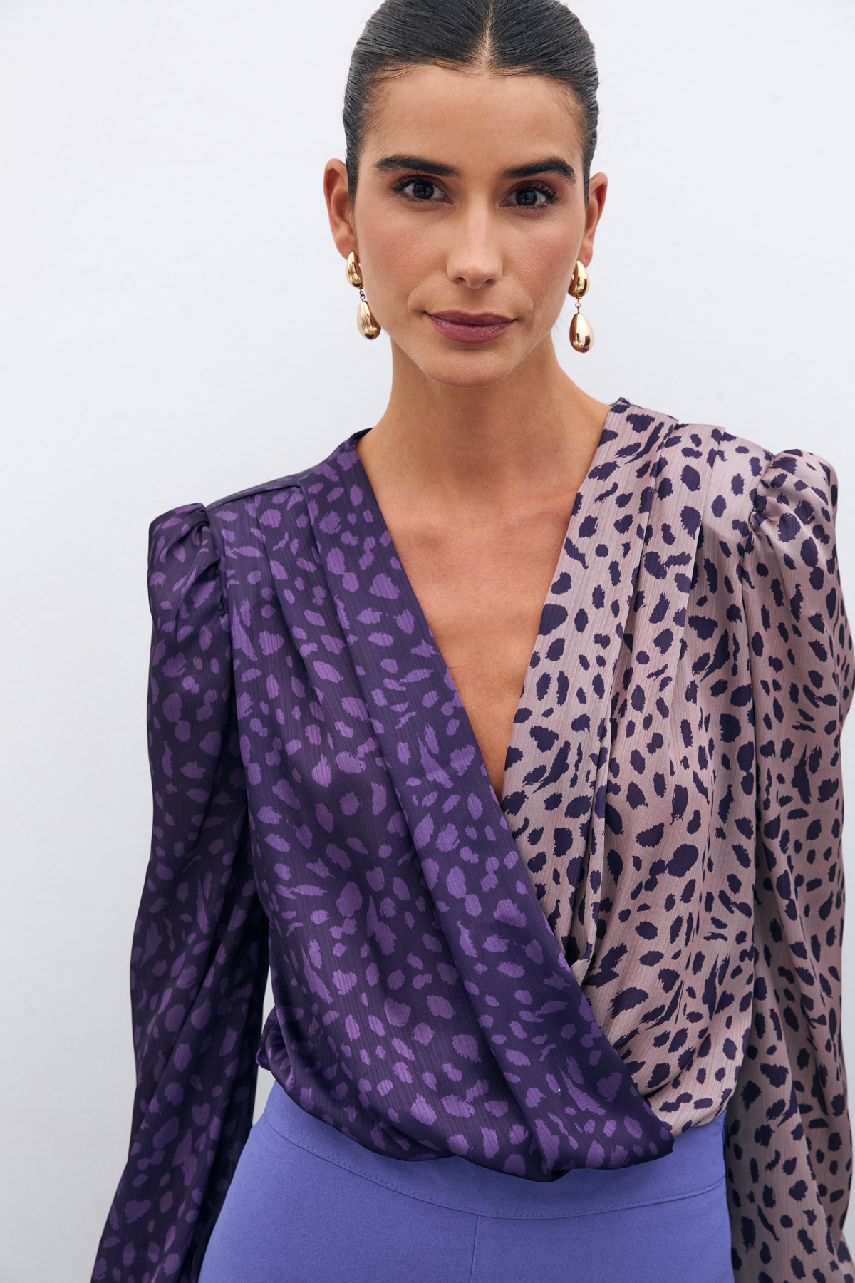 Kruvaze Desenli Bodysuit - MOR-PUDRA