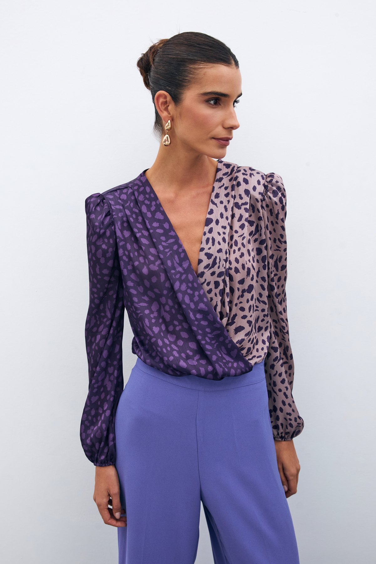 Kruvaze Desenli Bodysuit - MOR-PUDRA