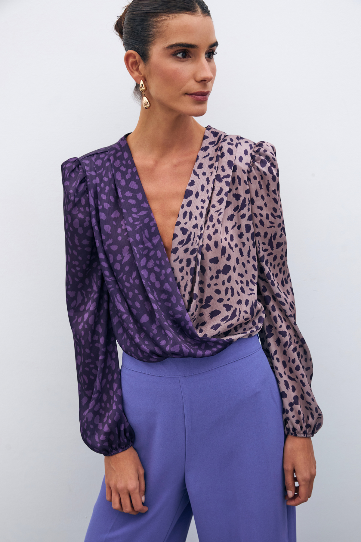 Kruvaze Desenli Bodysuit - MOR-PUDRA