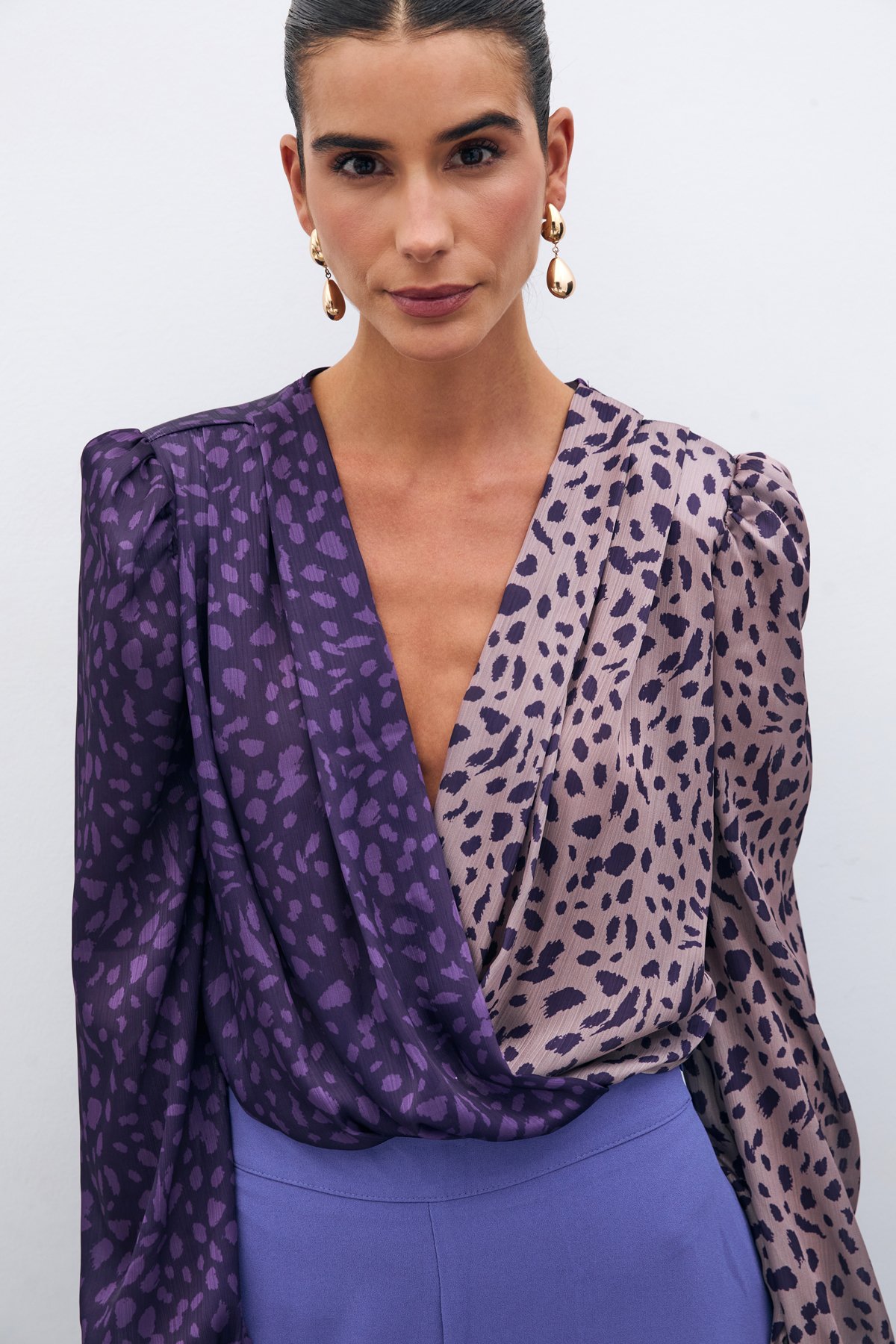 Kruvaze Desenli Bodysuit - MOR-PUDRA