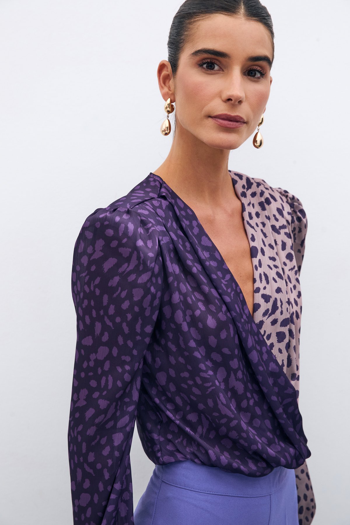 Kruvaze Desenli Bodysuit - MOR-PUDRA