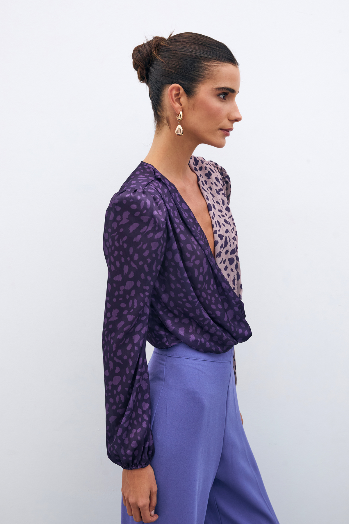 Kruvaze Desenli Bodysuit - MOR-PUDRA