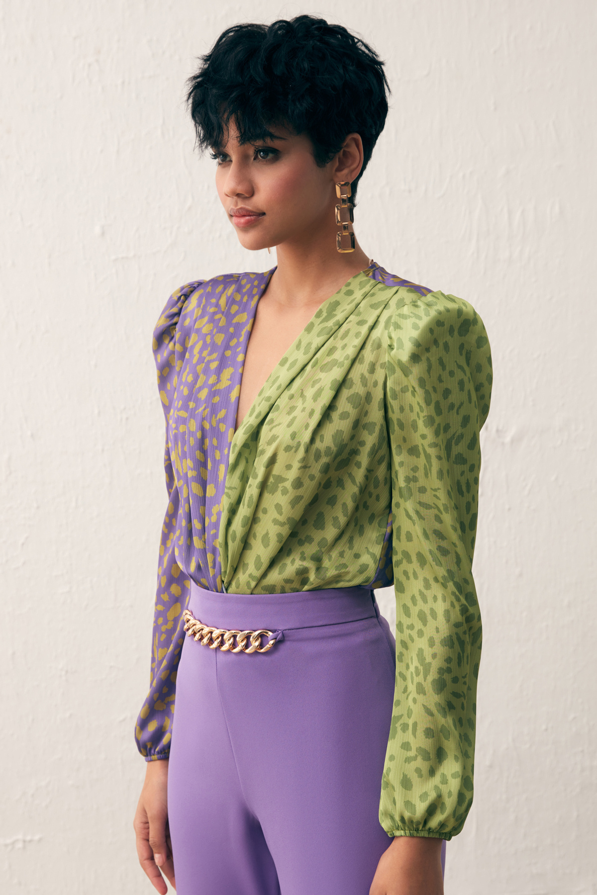 Kruvaze Desenli Bodysuit - MOR-YAĞ YEŞİLİ