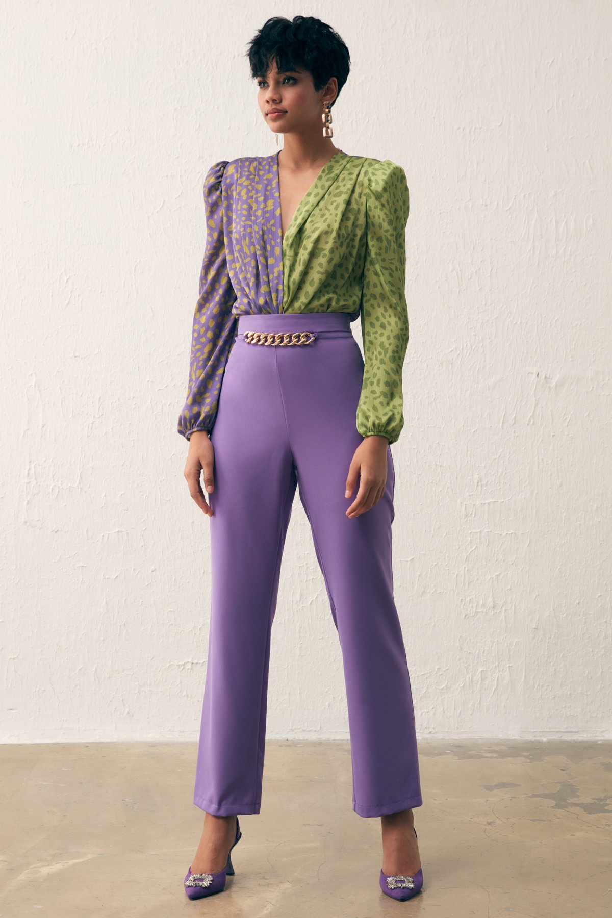 Kruvaze Desenli Bodysuit - MOR-YAĞ YEŞİLİ