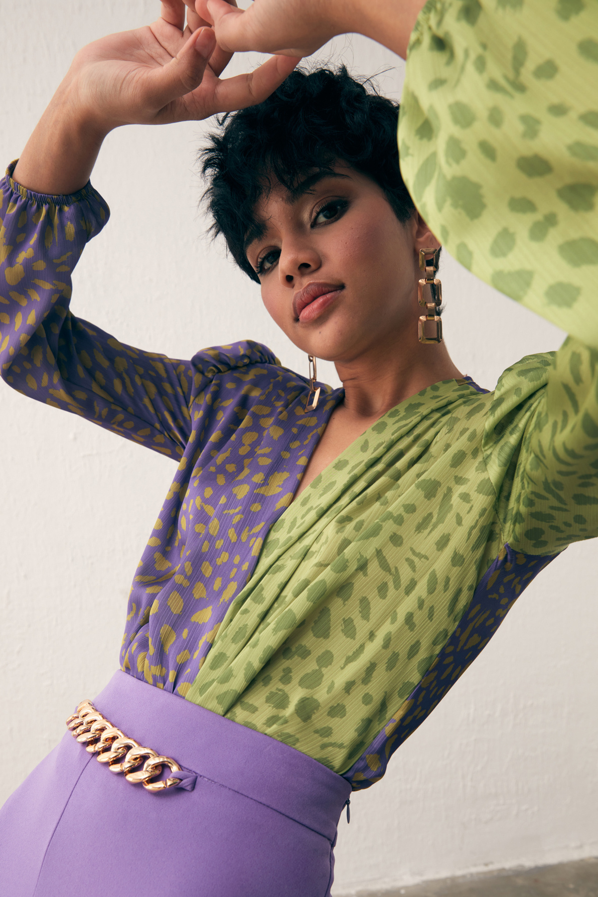 Kruvaze Desenli Bodysuit - MOR-YAĞ YEŞİLİ