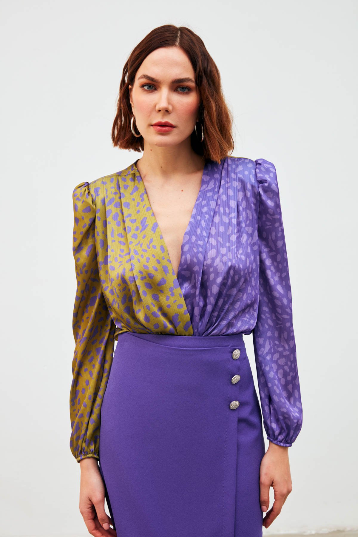 Kruvaze Desenli Bodysuit - OLİVE-MOR