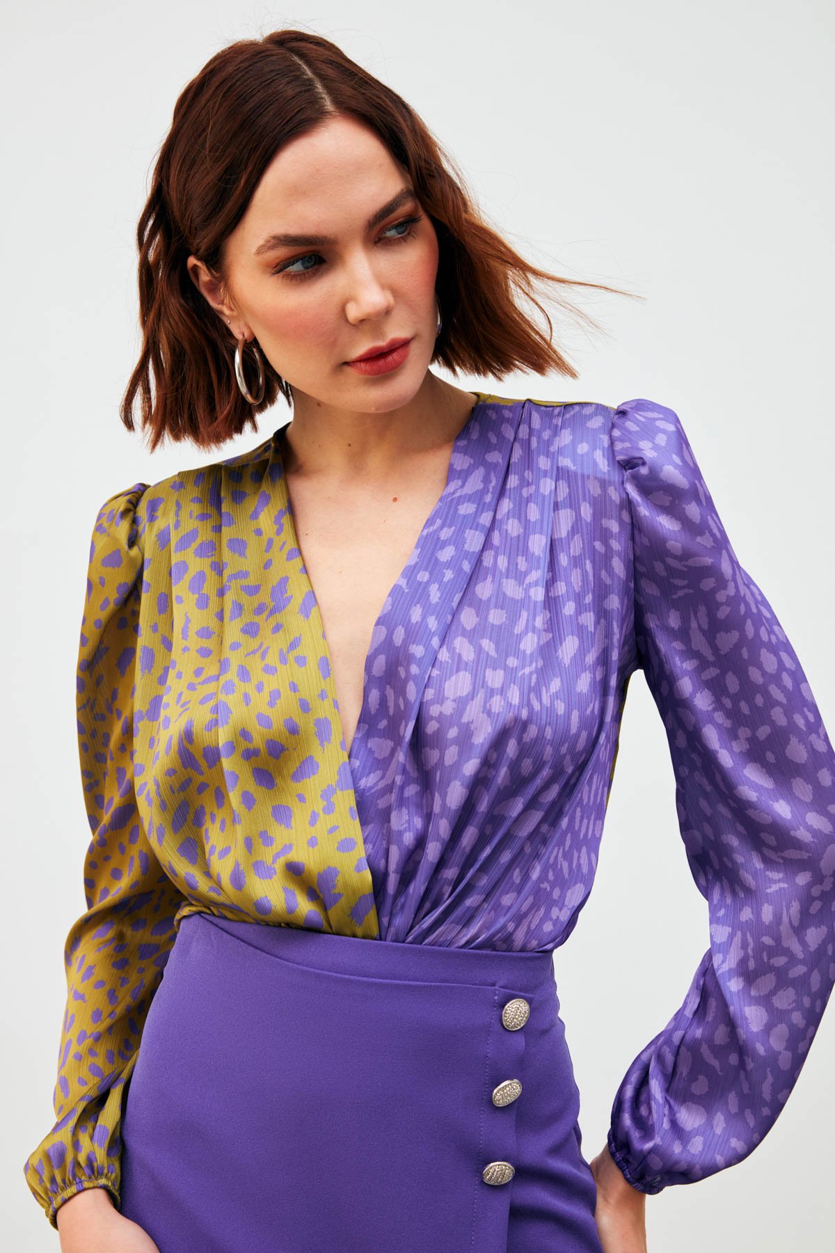 Kruvaze Desenli Bodysuit - OLİVE-MOR