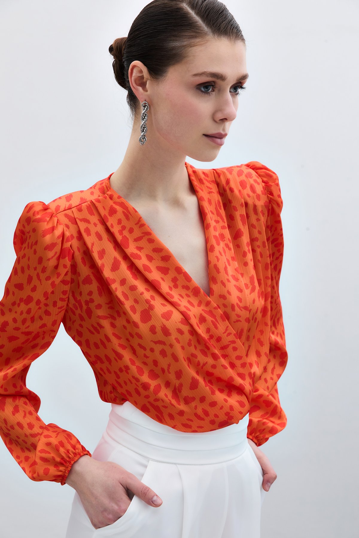 Kruvaze Desenli Bodysuit - Oranj