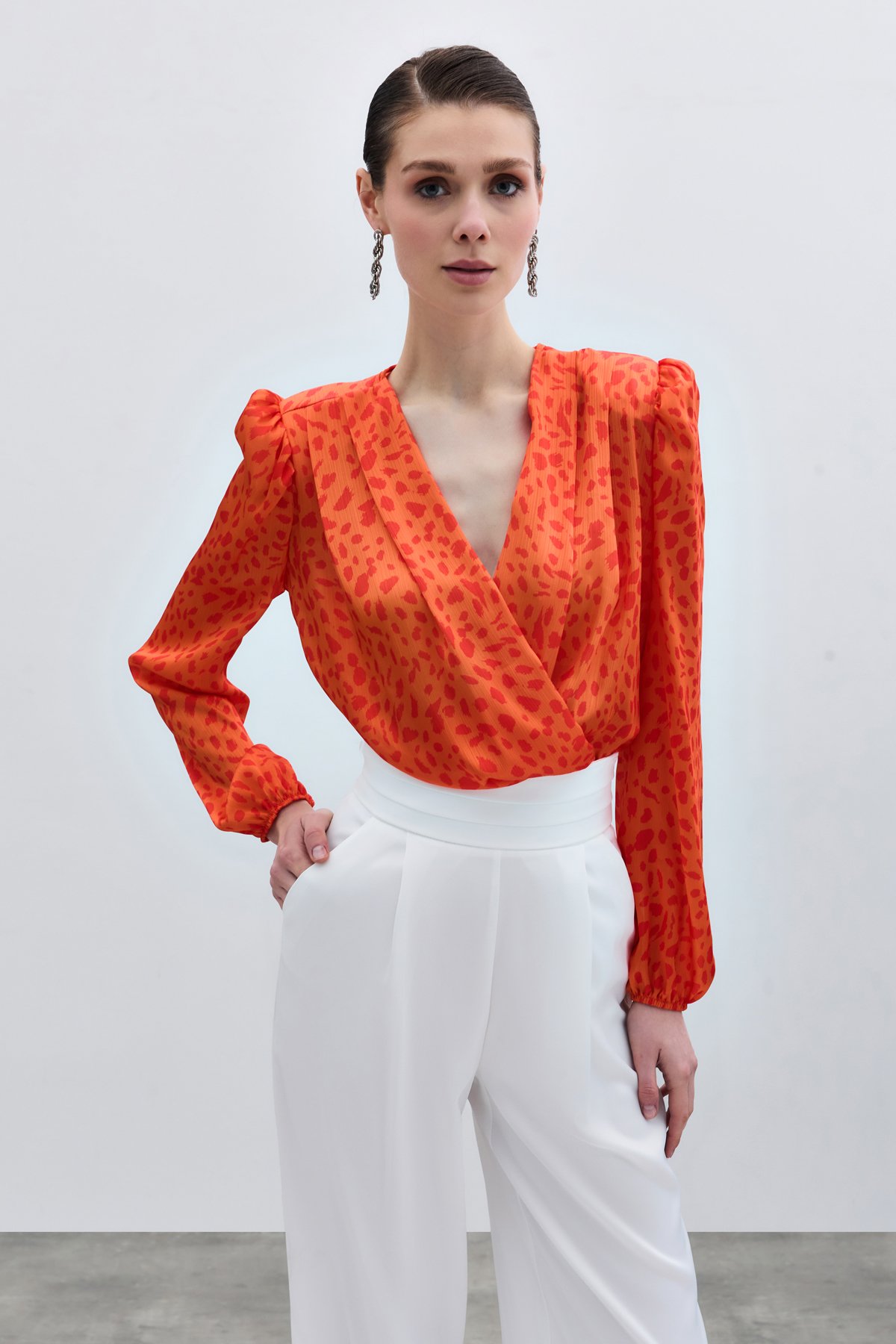 Kruvaze Desenli Bodysuit - Oranj