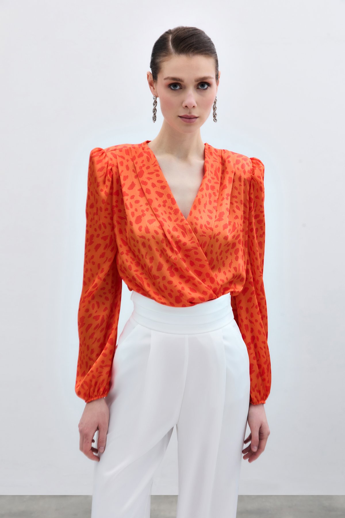 Kruvaze Desenli Bodysuit - Oranj