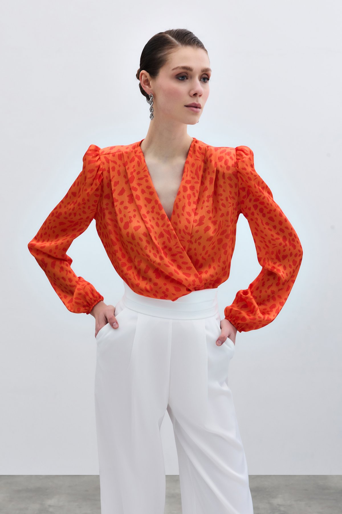 Kruvaze Desenli Bodysuit - Oranj