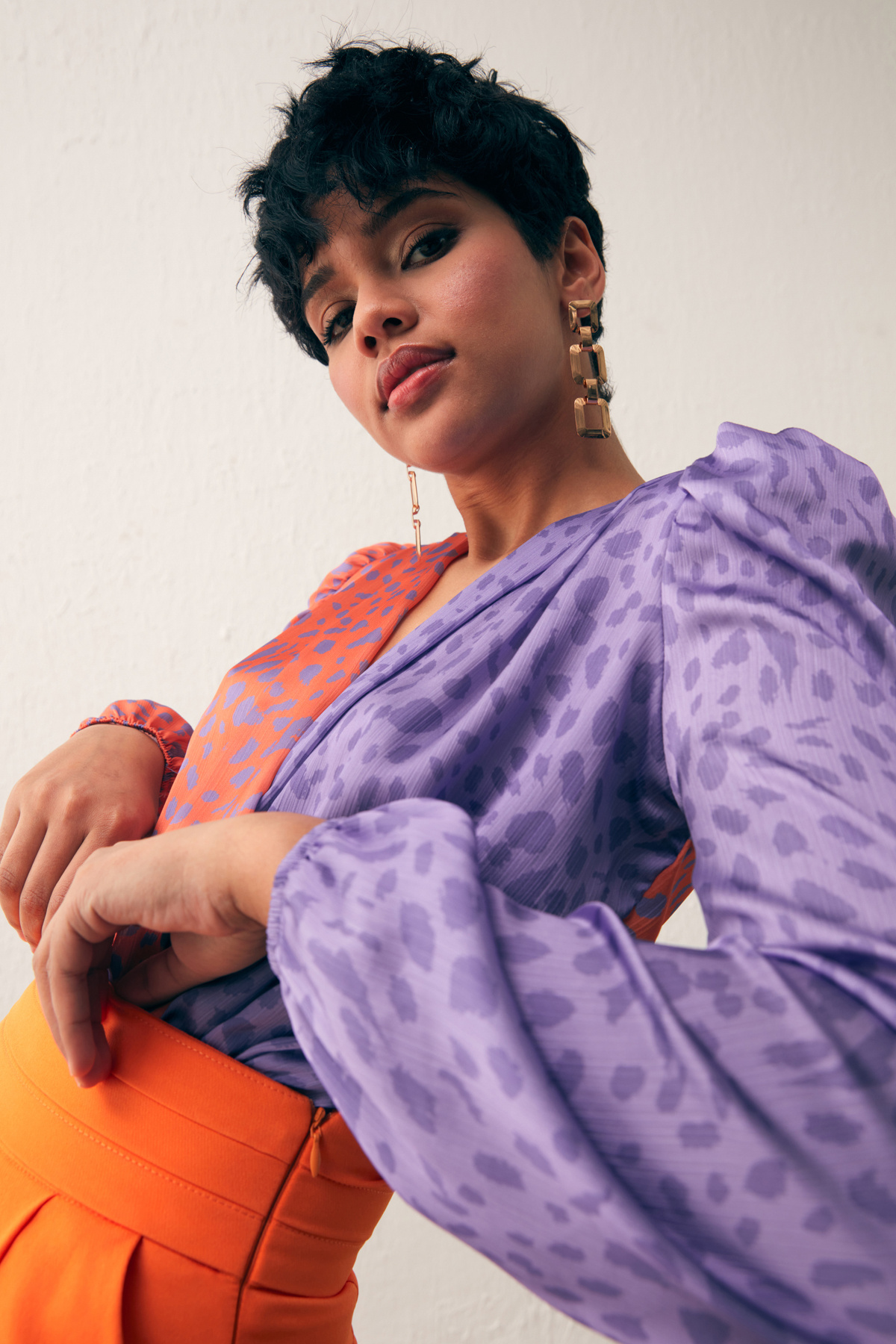 Kruvaze Desenli Bodysuit - ORANJ-LİLA