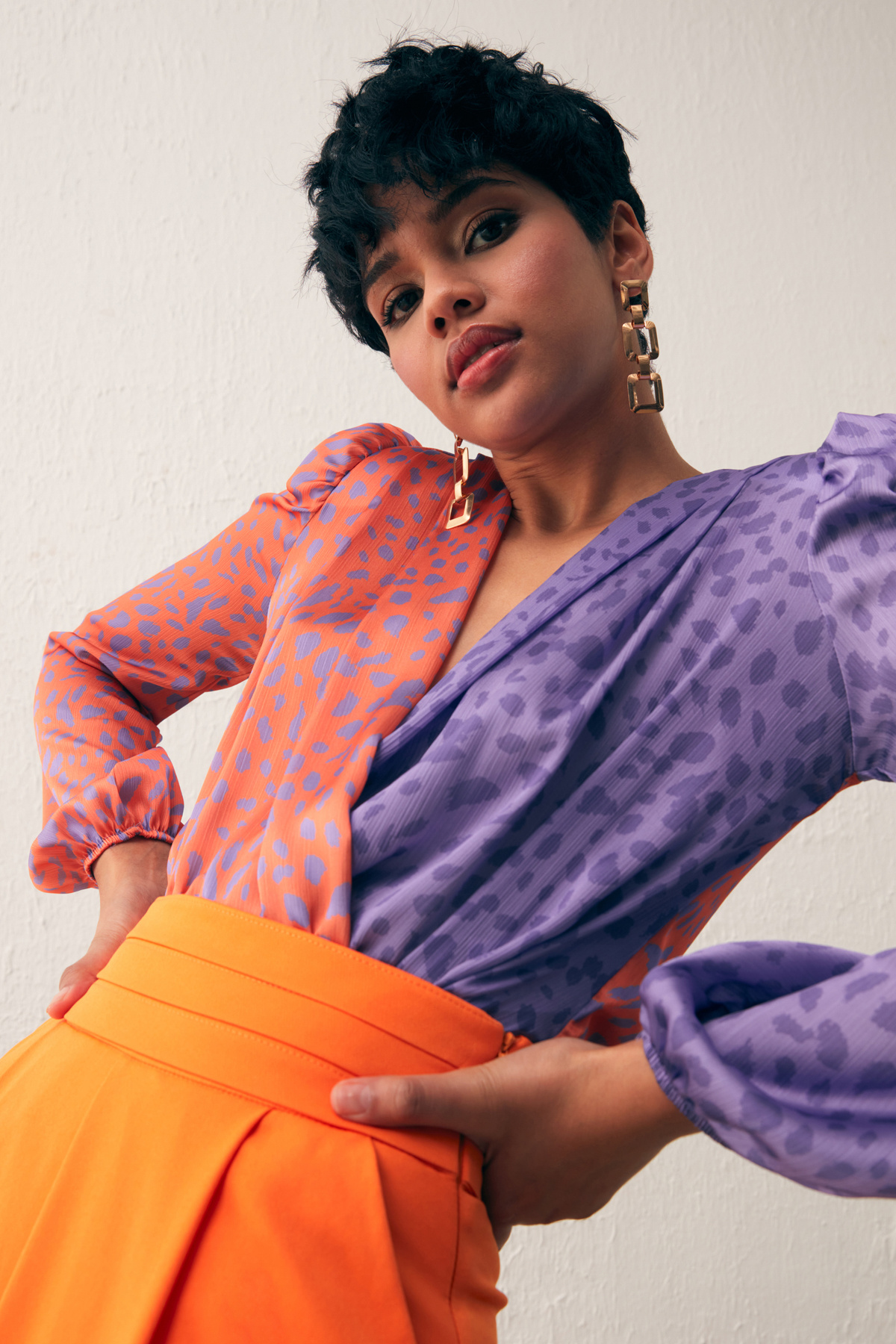 Kruvaze Desenli Bodysuit - ORANJ-LİLA