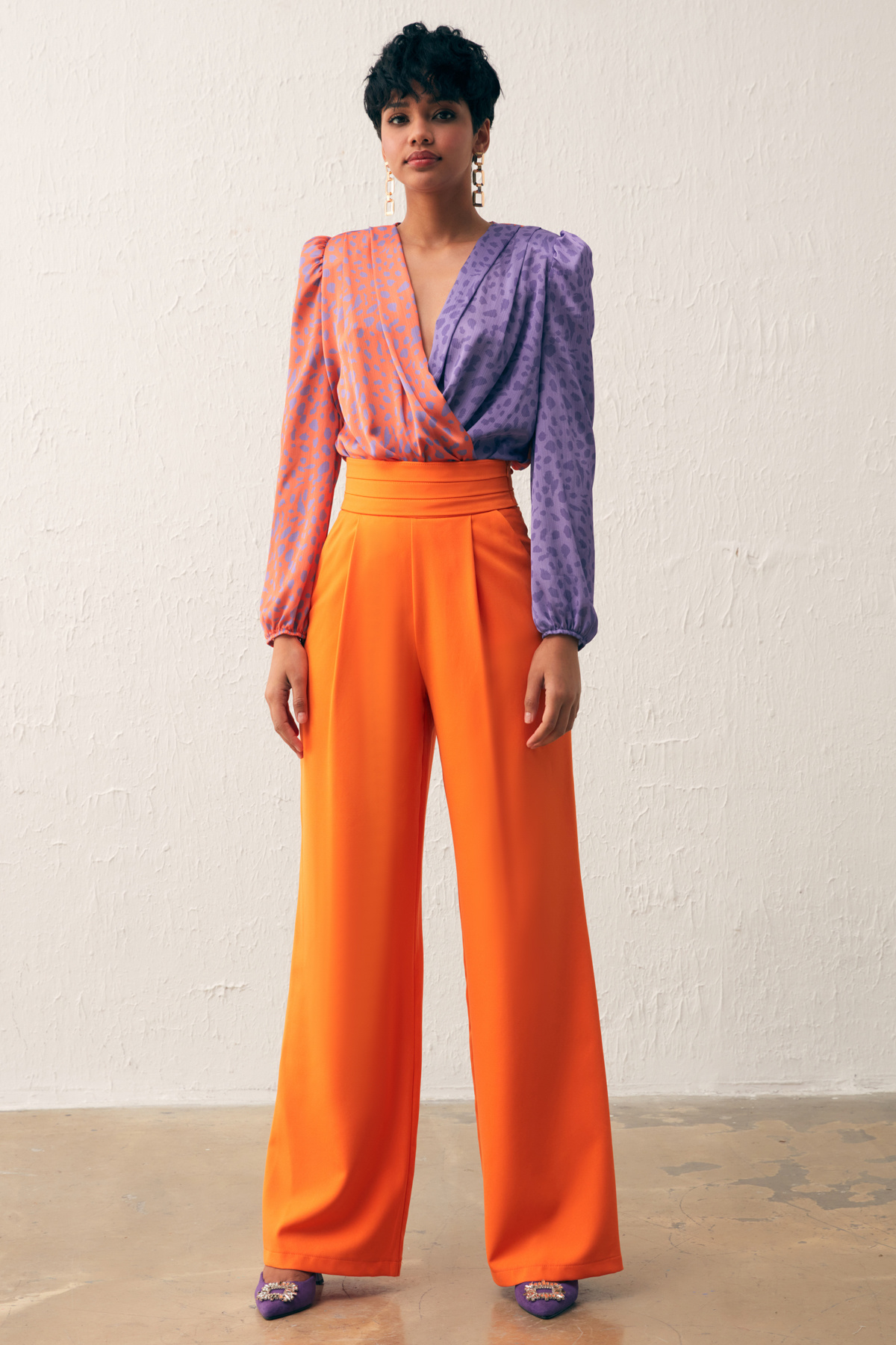 Kruvaze Desenli Bodysuit - ORANJ-LİLA