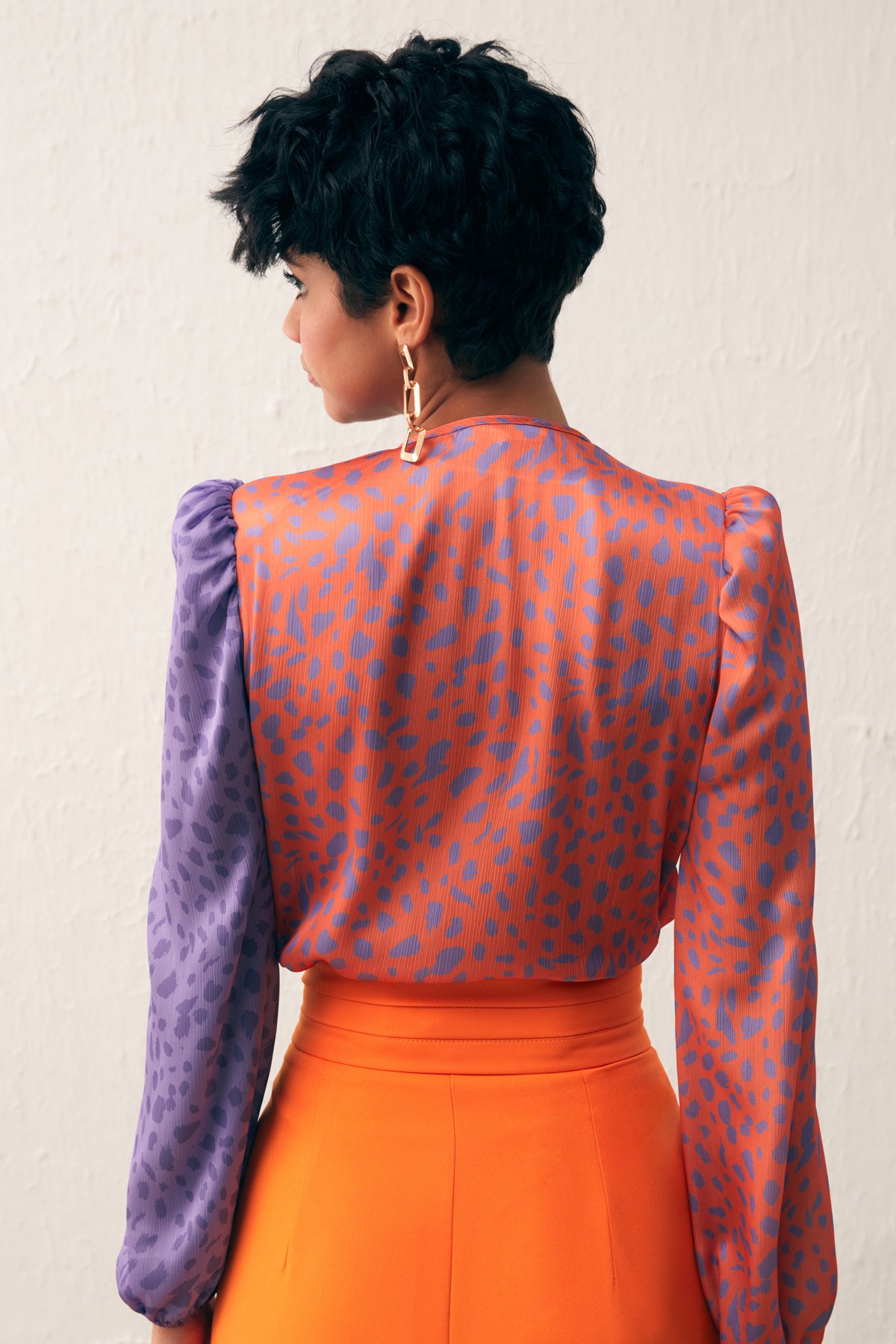 Kruvaze Desenli Bodysuit - ORANJ-LİLA