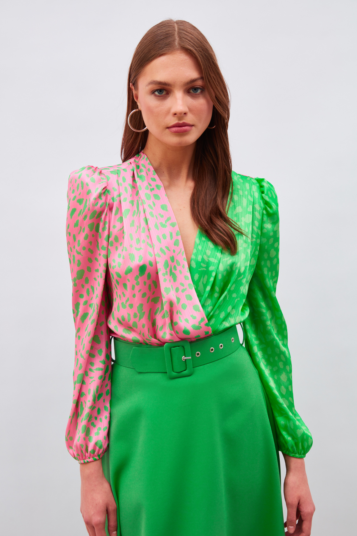 Kruvaze Desenli Bodysuit - PEMBE-YEŞİL