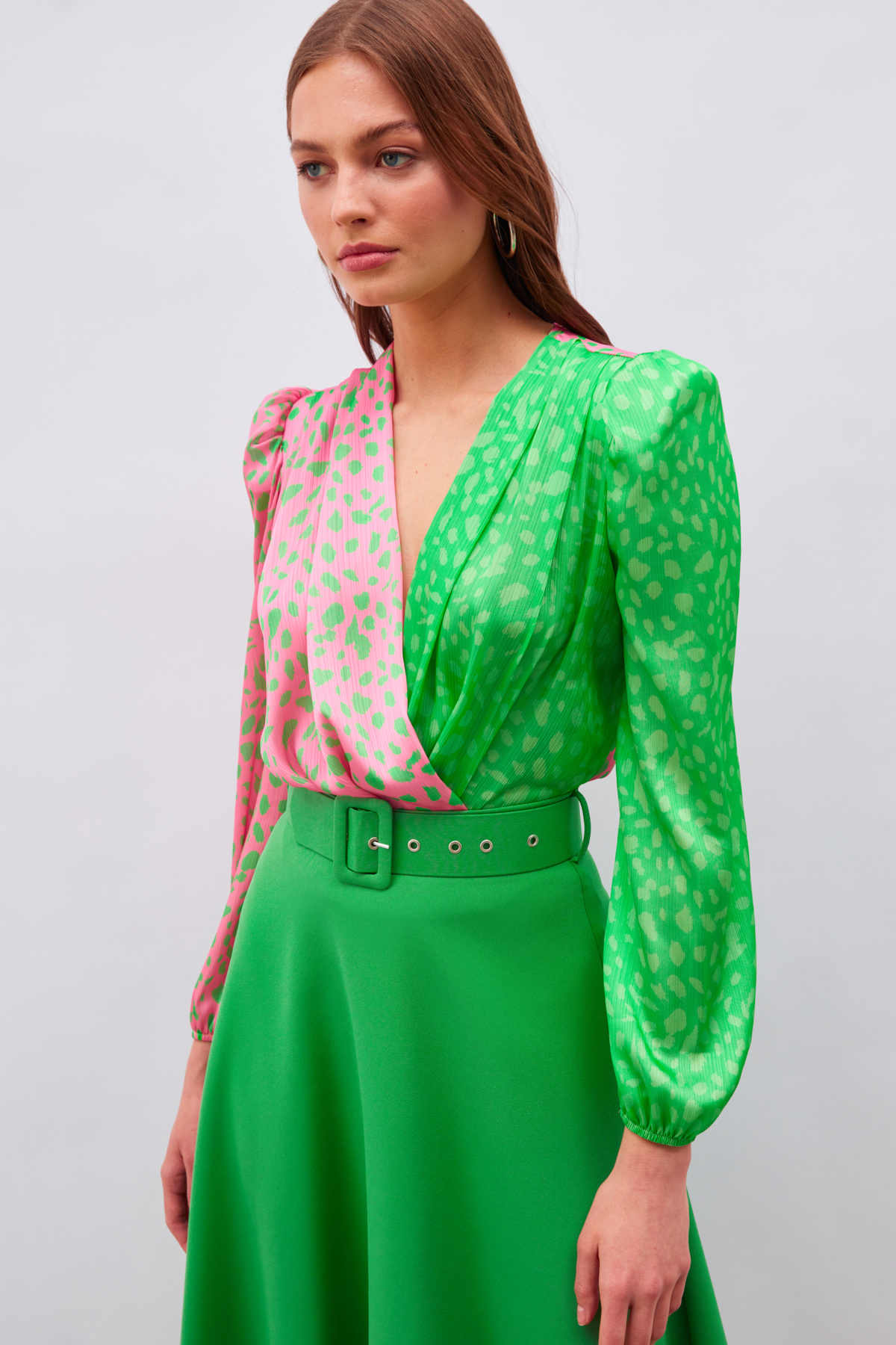 Kruvaze Desenli Bodysuit - PEMBE-YEŞİL