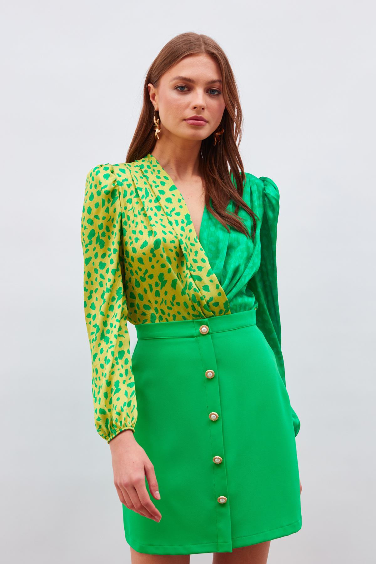 Kruvaze Desenli Bodysuit - SARI-AÇIK YEŞİL