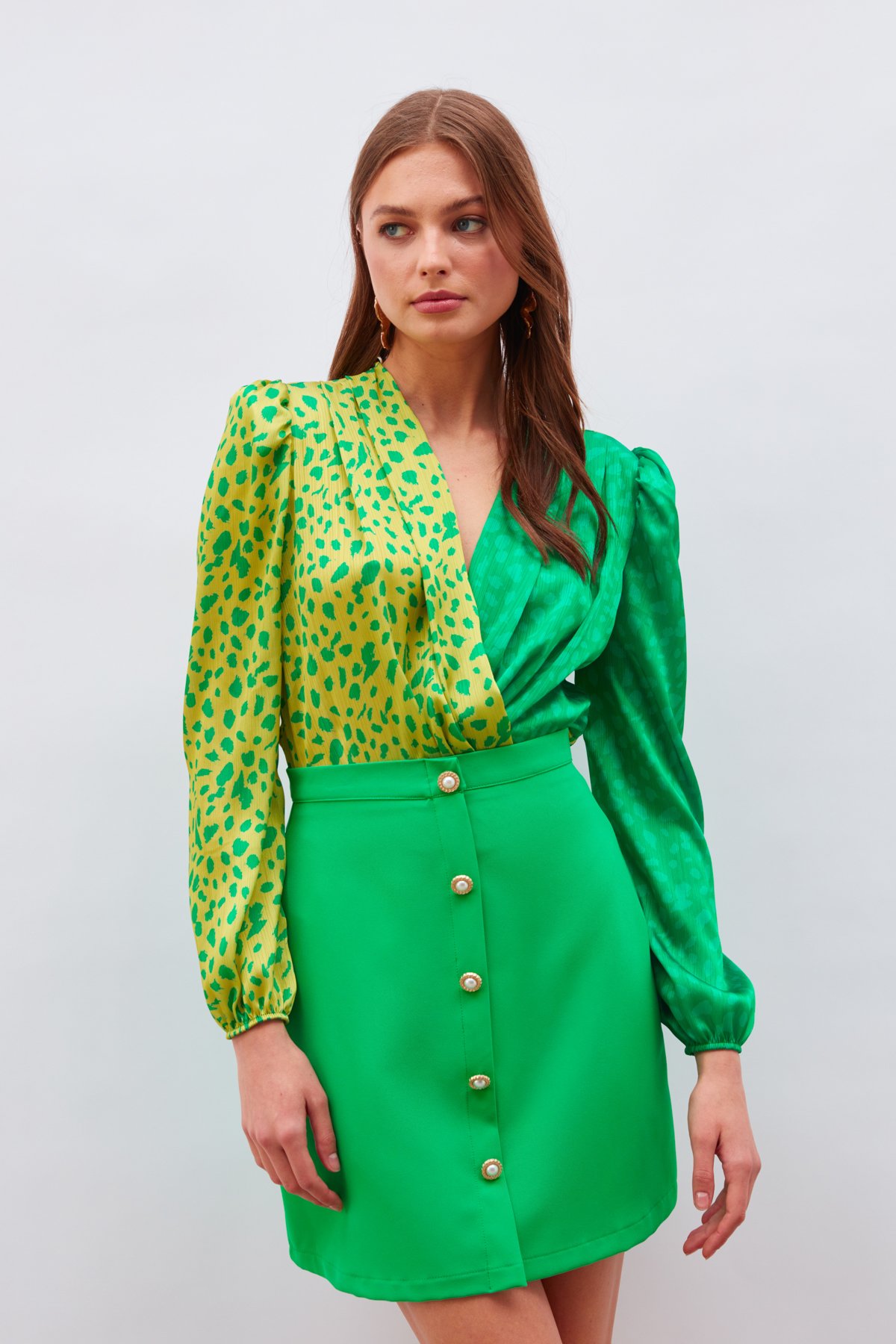 Kruvaze Desenli Bodysuit - SARI-AÇIK YEŞİL