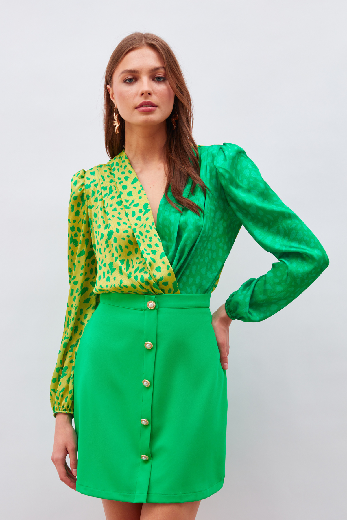 Kruvaze Desenli Bodysuit - SARI-AÇIK YEŞİL