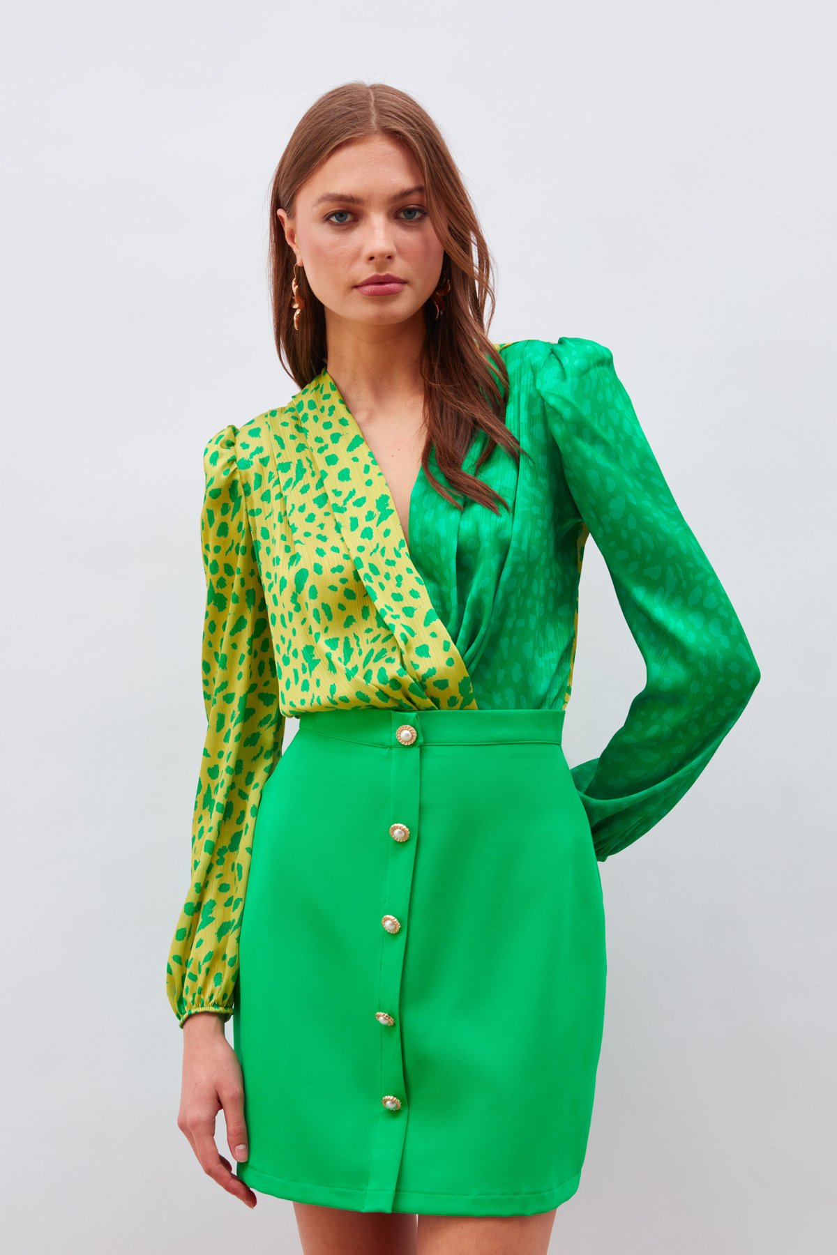 Kruvaze Desenli Bodysuit - SARI-AÇIK YEŞİL