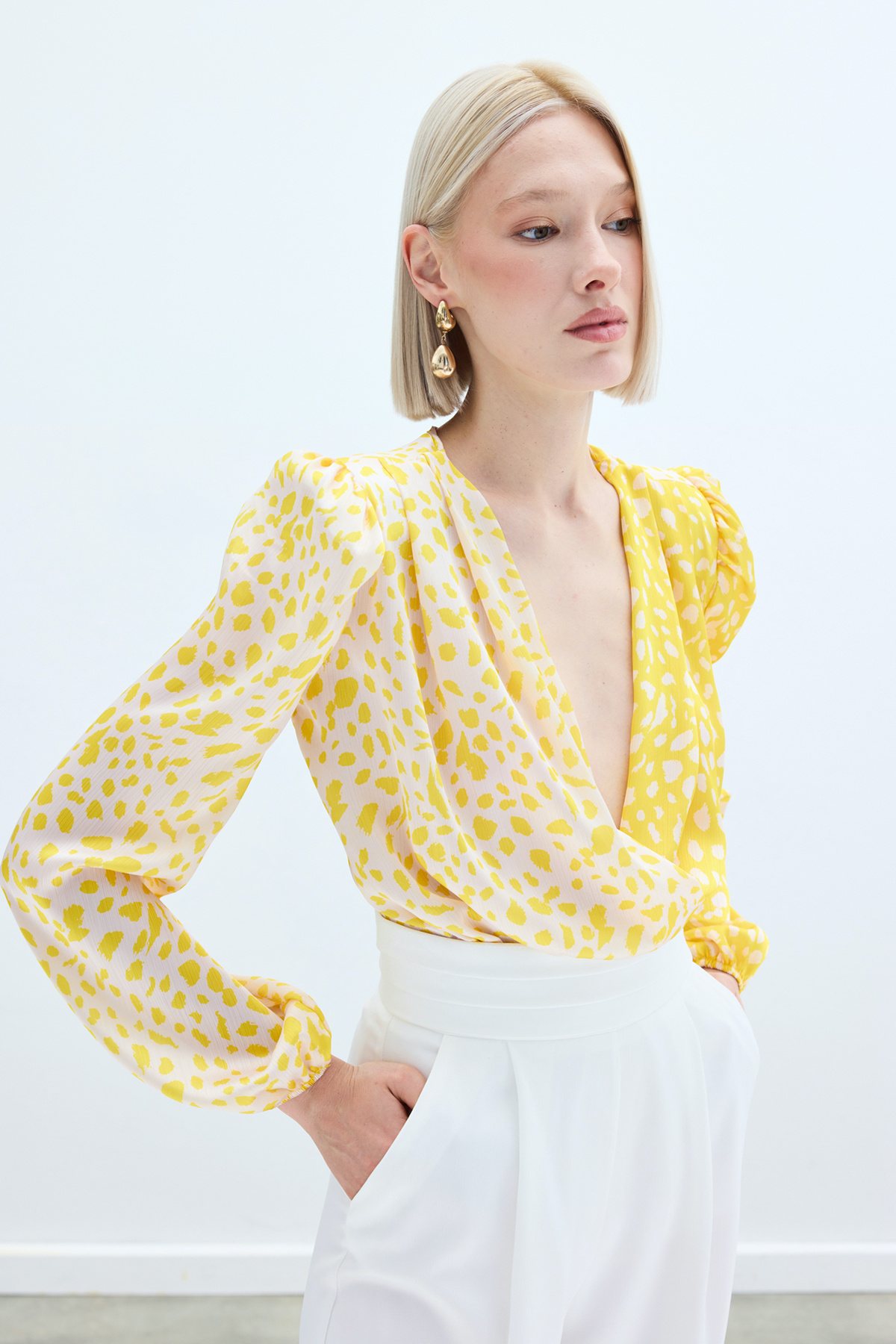 Kruvaze Desenli Bodysuit - Sarı-Ekru