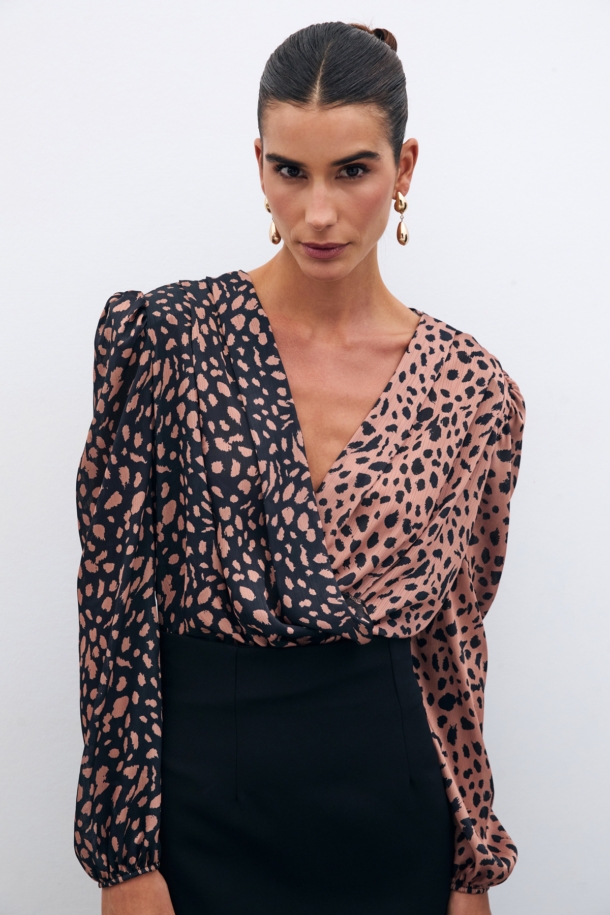 Kruvaze Desenli Bodysuit - SİYAH-CAMEL