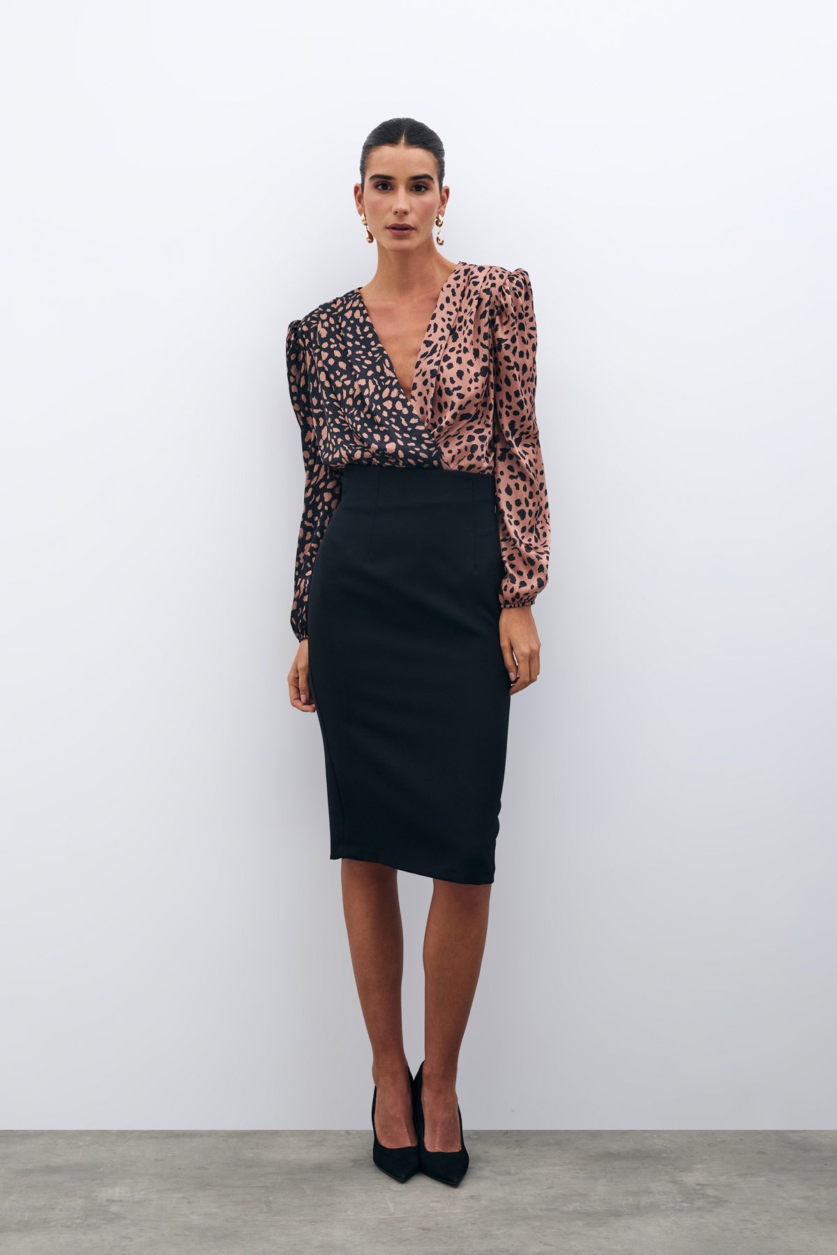 Kruvaze Desenli Bodysuit - SİYAH-CAMEL