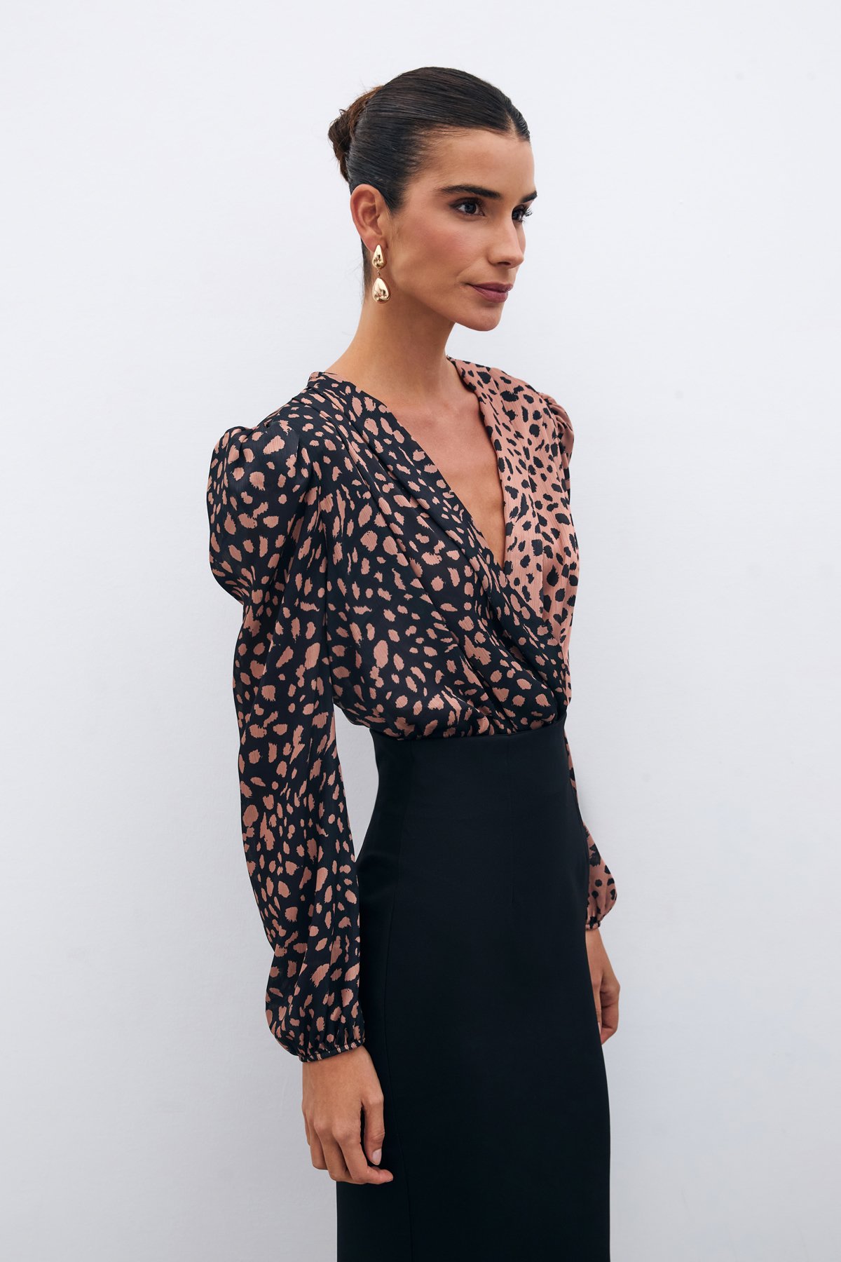 Kruvaze Desenli Bodysuit - SİYAH-CAMEL