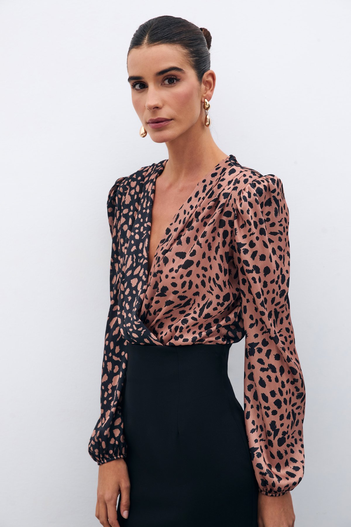 Kruvaze Desenli Bodysuit - SİYAH-CAMEL