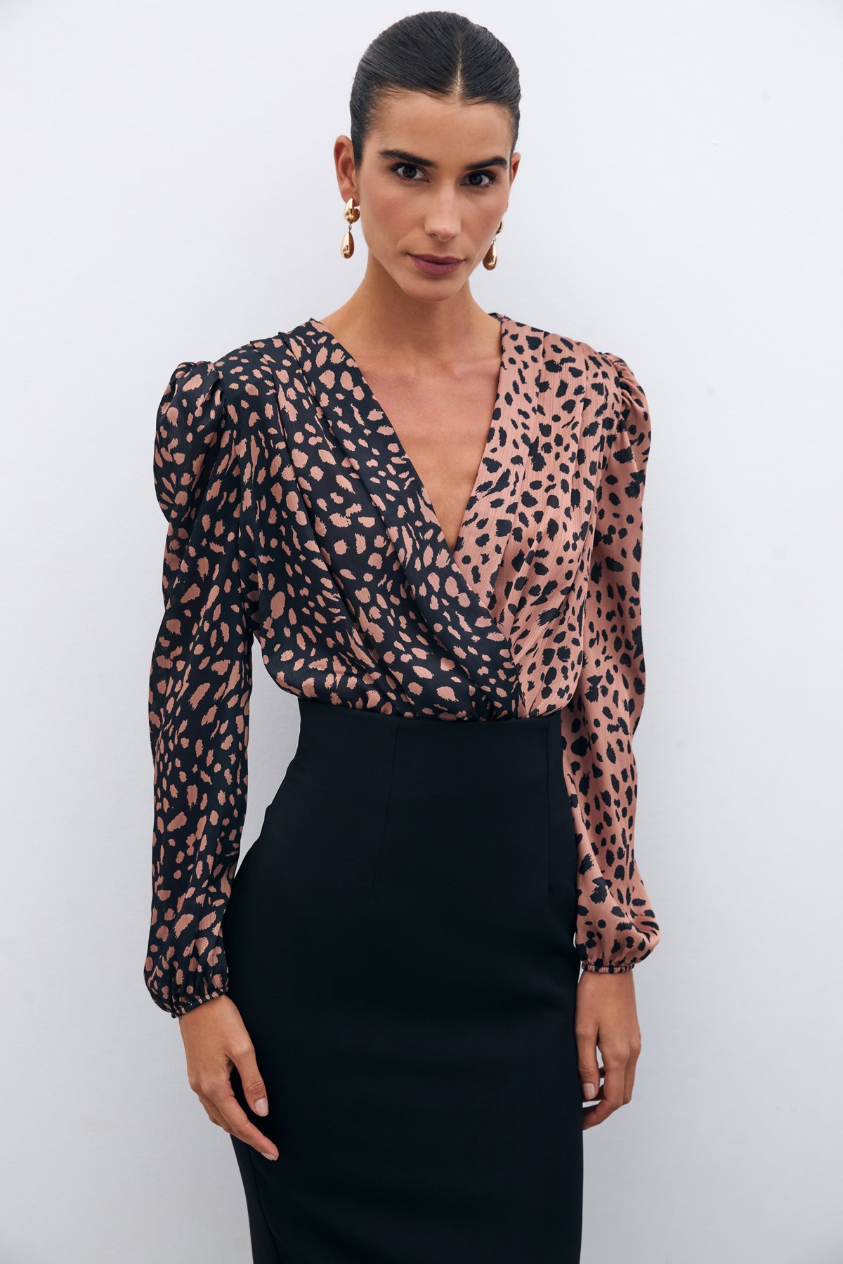 Kruvaze Desenli Bodysuit - SİYAH-CAMEL