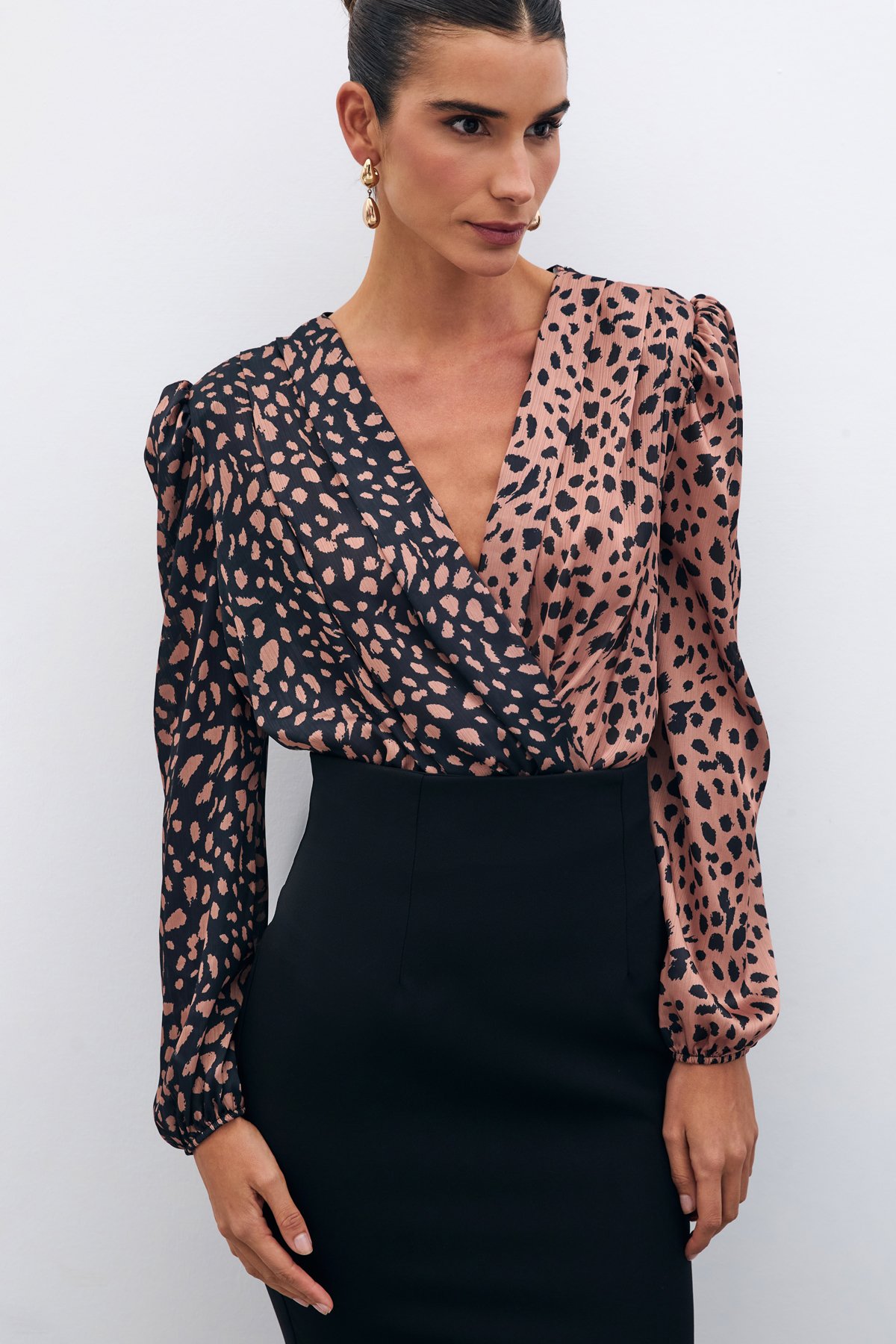 Kruvaze Desenli Bodysuit - SİYAH-CAMEL