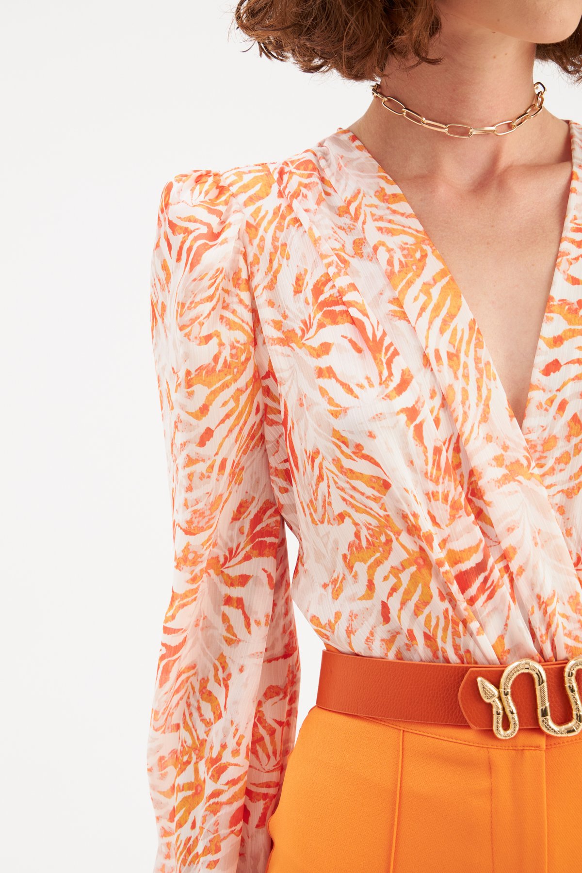 Kruvaze Desenli Bodysuit - TURUNCU