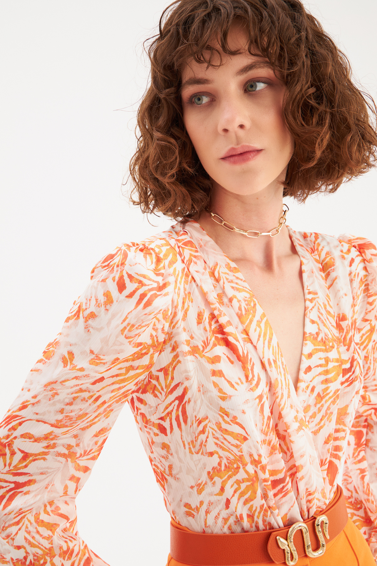 Kruvaze Desenli Bodysuit - TURUNCU