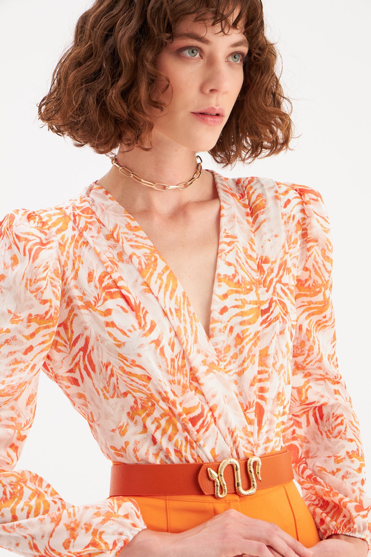 Kruvaze Desenli Bodysuit - TURUNCU