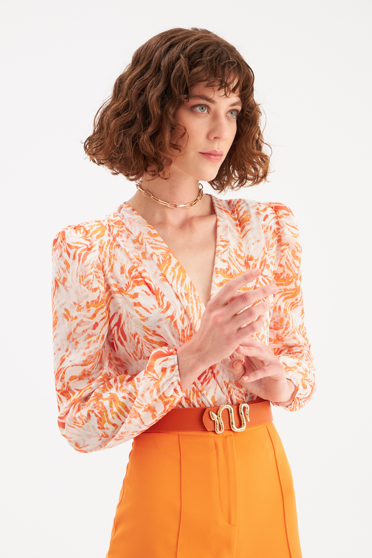 Kruvaze Desenli Bodysuit - TURUNCU