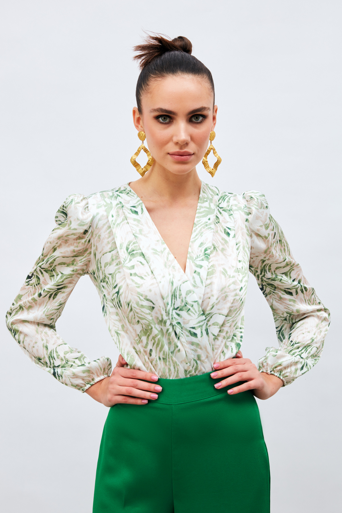 Kruvaze Desenli Bodysuit - YEŞİL