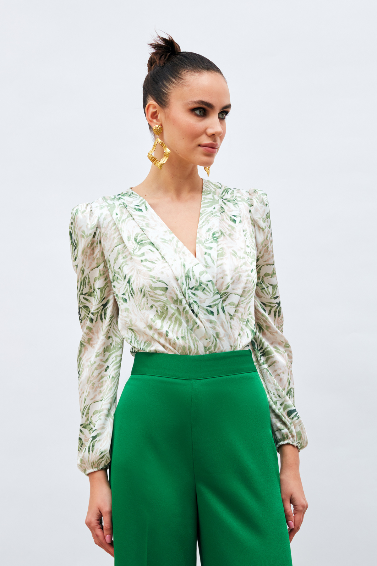 Kruvaze Desenli Bodysuit - YEŞİL