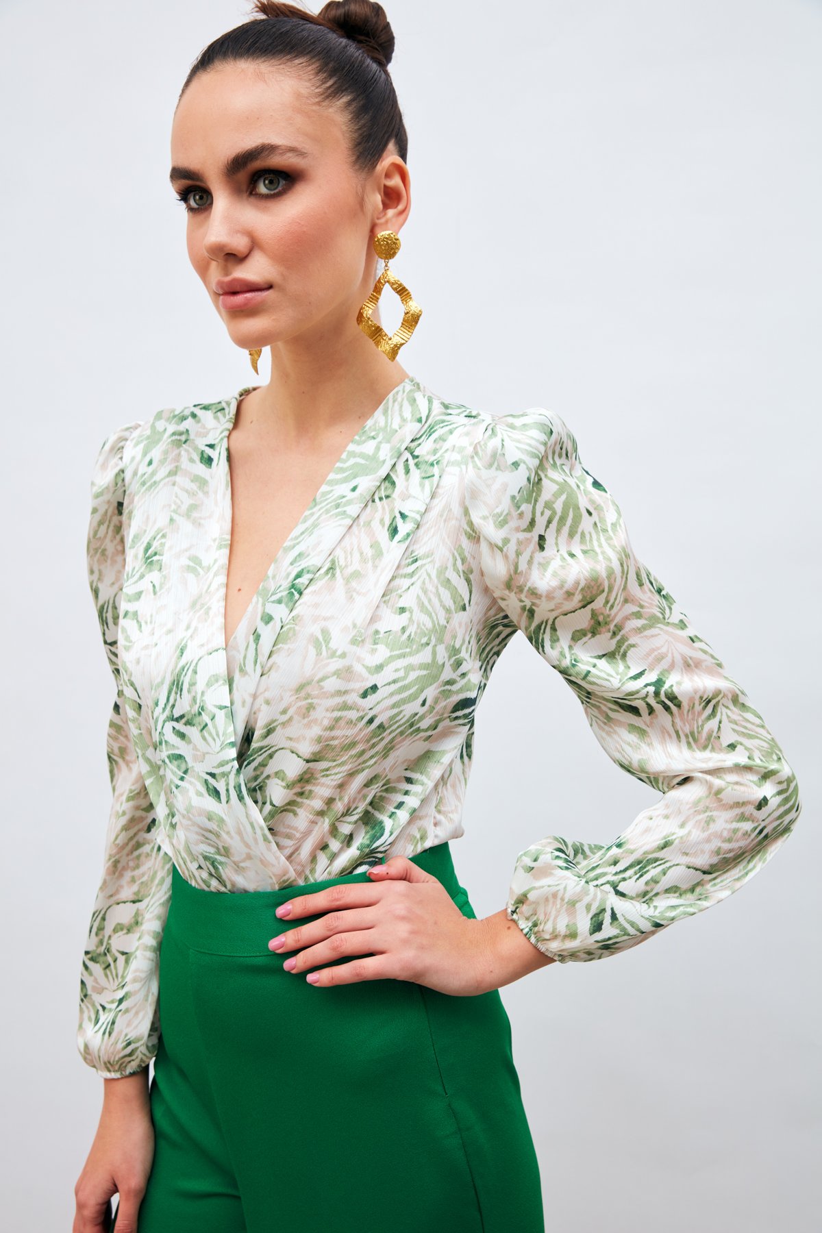 Kruvaze Desenli Bodysuit - YEŞİL