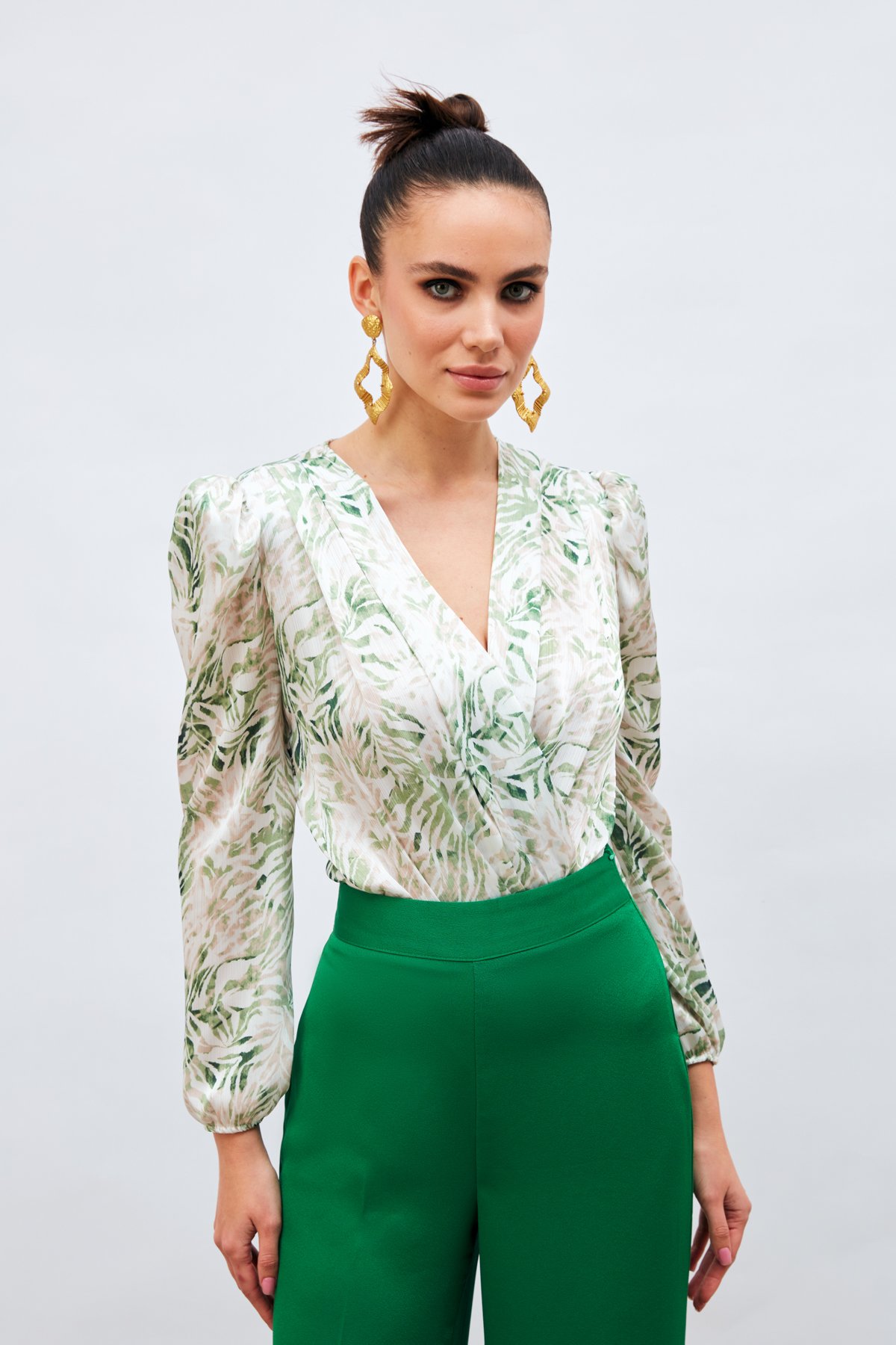 Kruvaze Desenli Bodysuit - YEŞİL