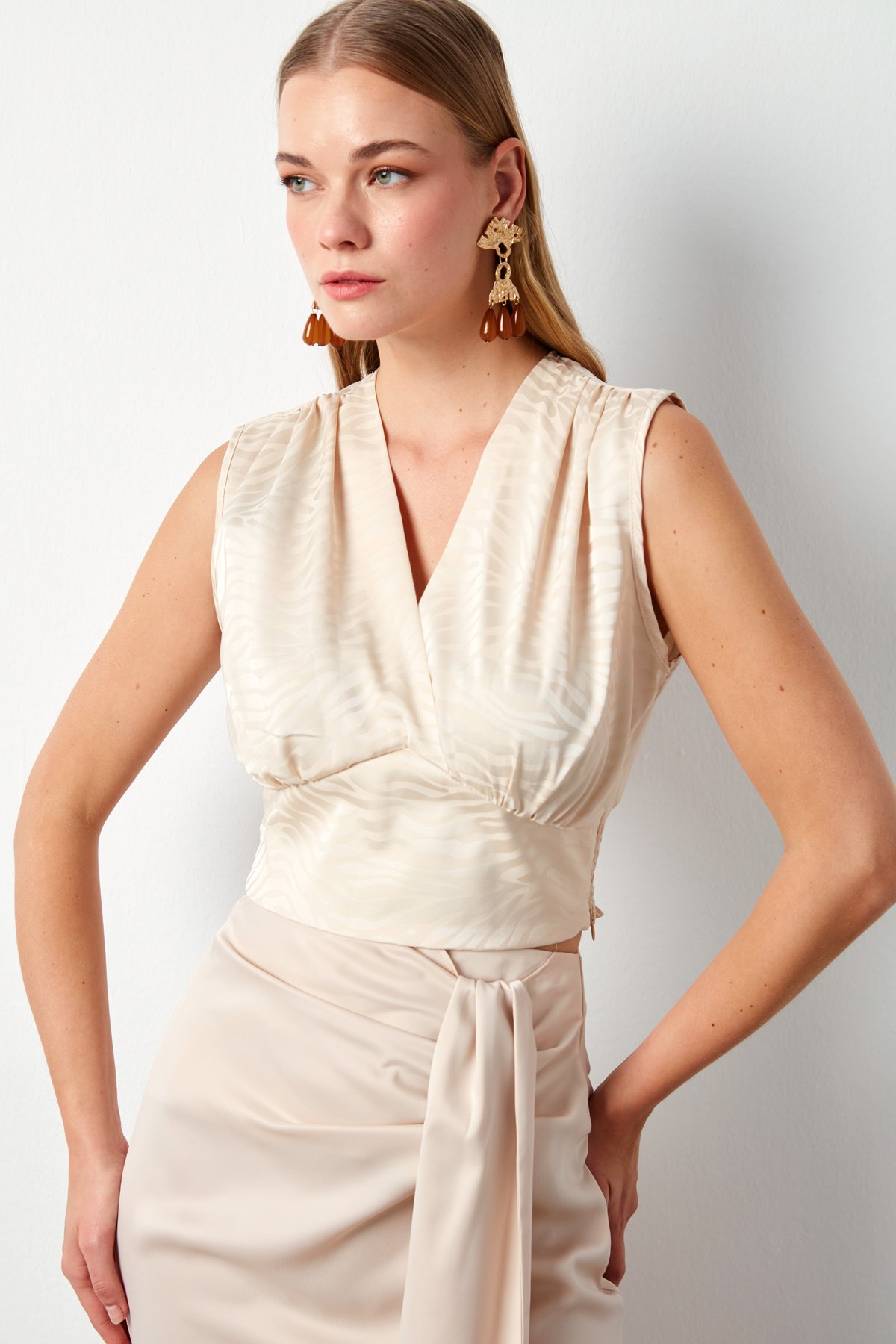 Double Breasted Patterned Satin Blouse - BEIGE