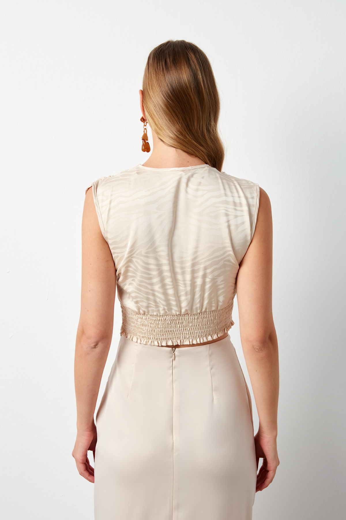 Kruvaze Desenli Saten Bluz - BEJ