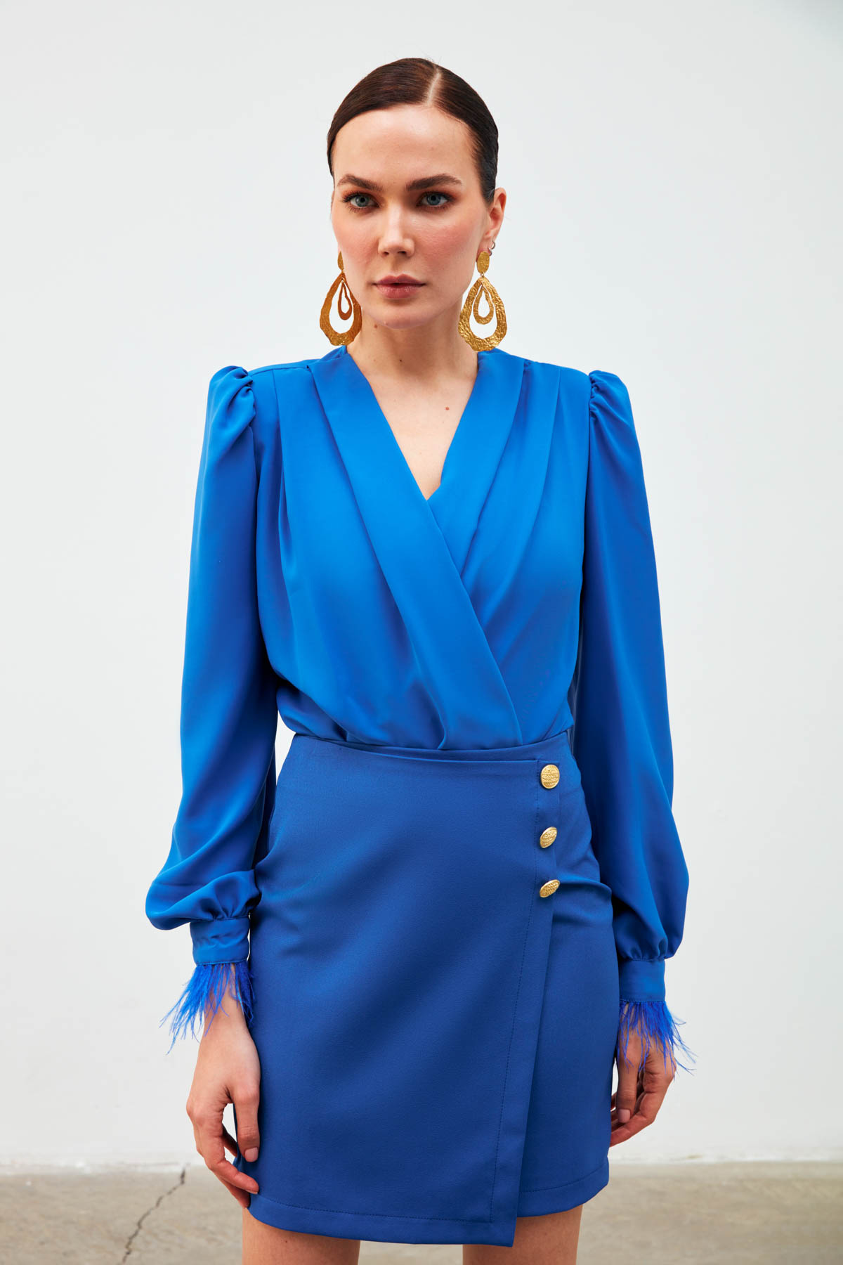 Kruvaze Düğme Detaylı Etek - İNDİGO