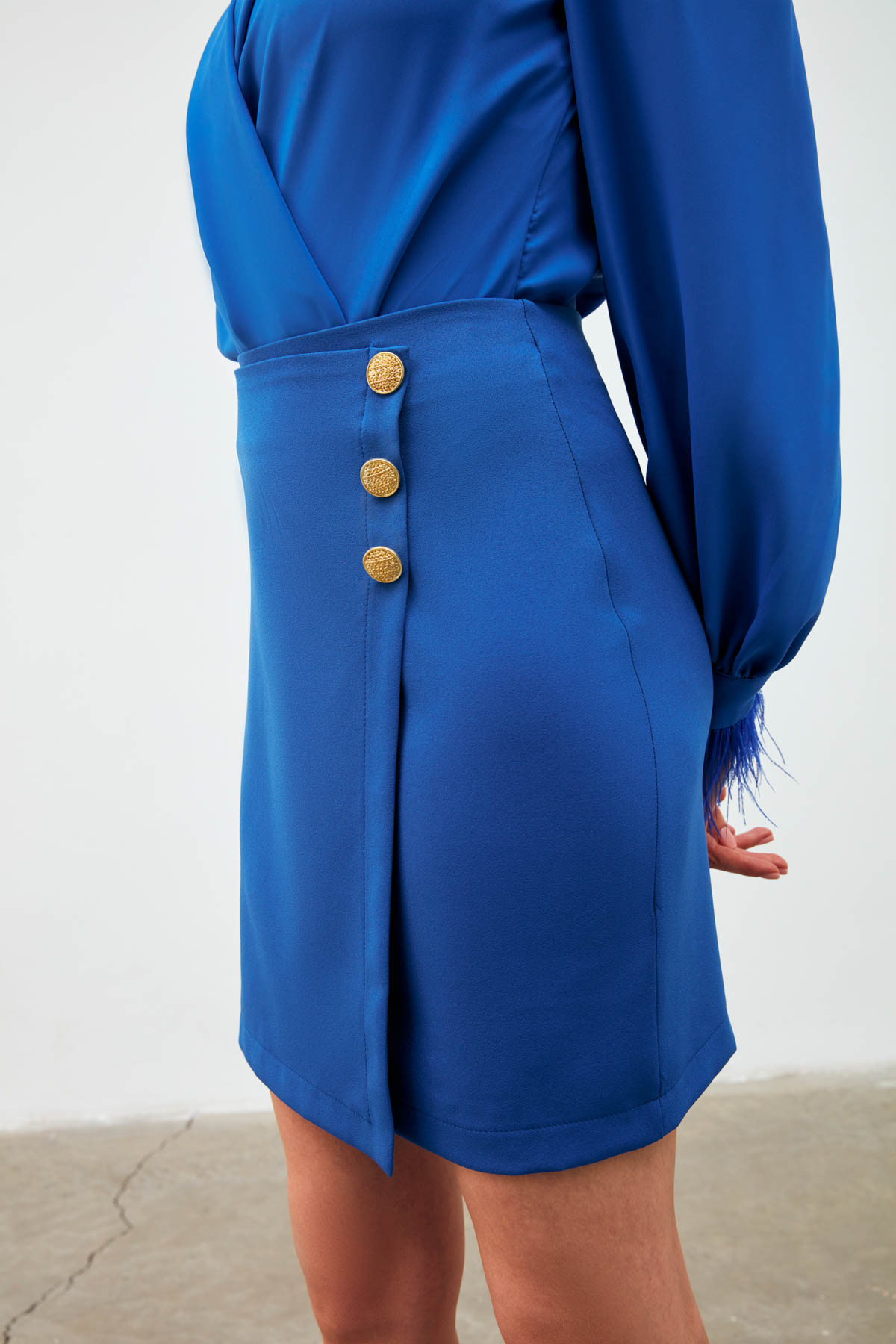 Kruvaze Düğme Detaylı Etek - İNDİGO