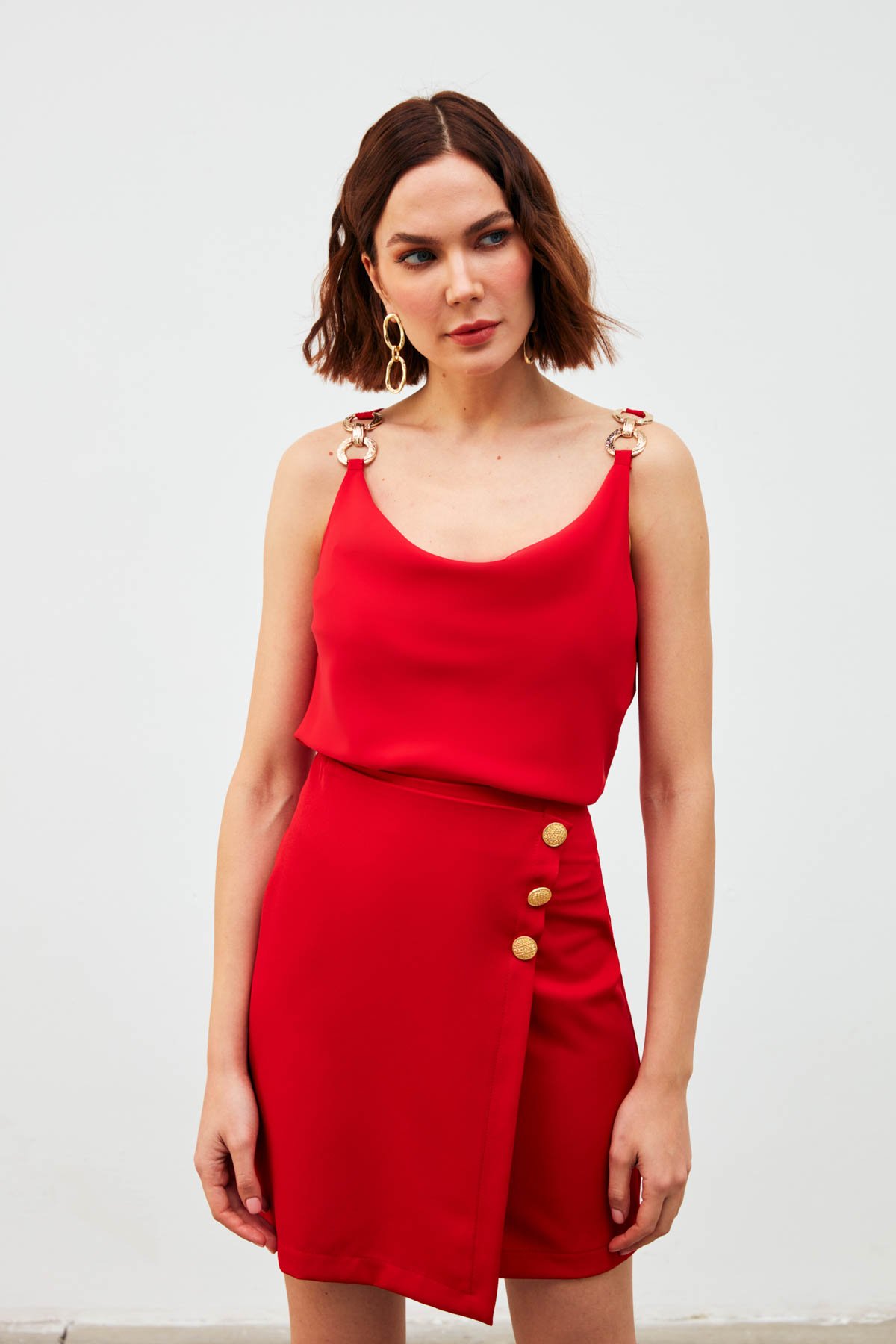 Kruvaze Düğme Detaylı Etek - KIRMIZI