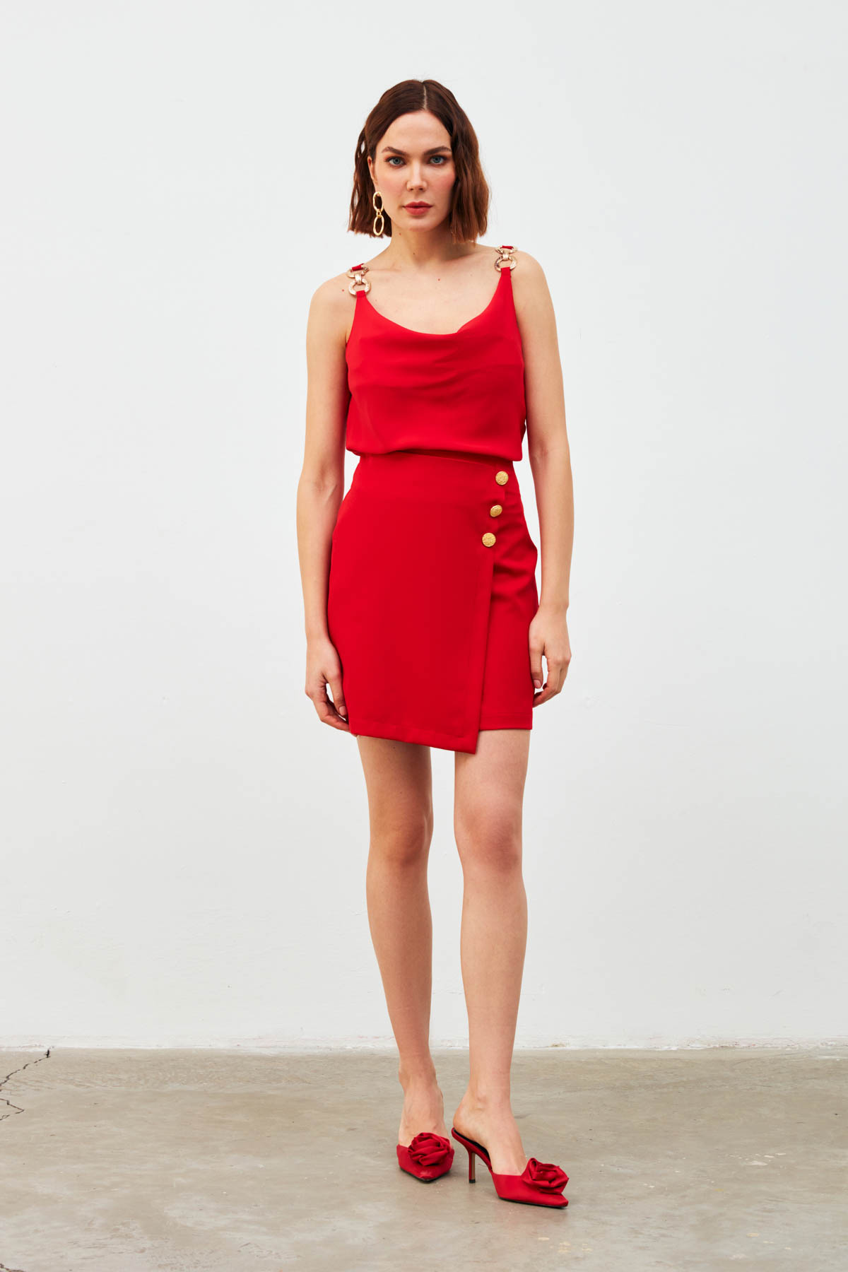 Kruvaze Düğme Detaylı Etek - KIRMIZI