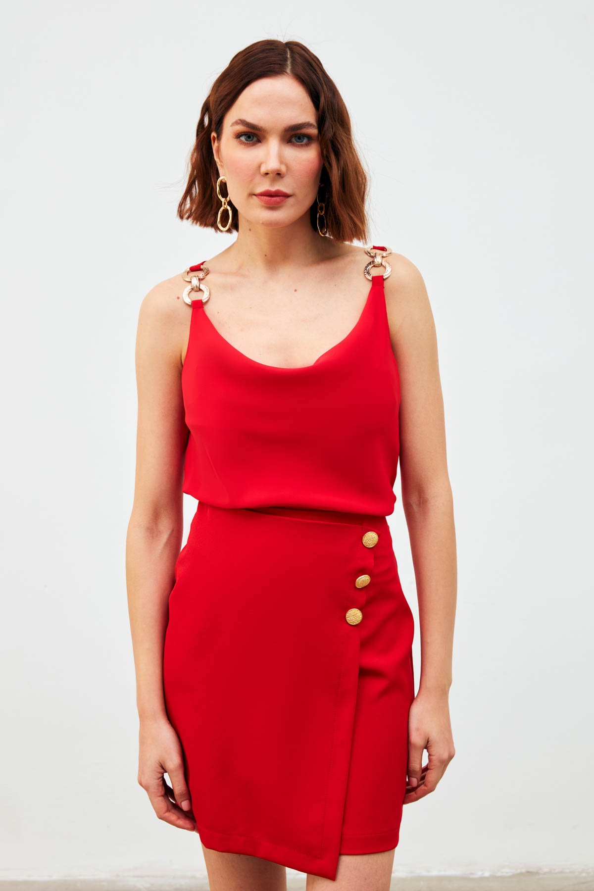 Kruvaze Düğme Detaylı Etek - KIRMIZI